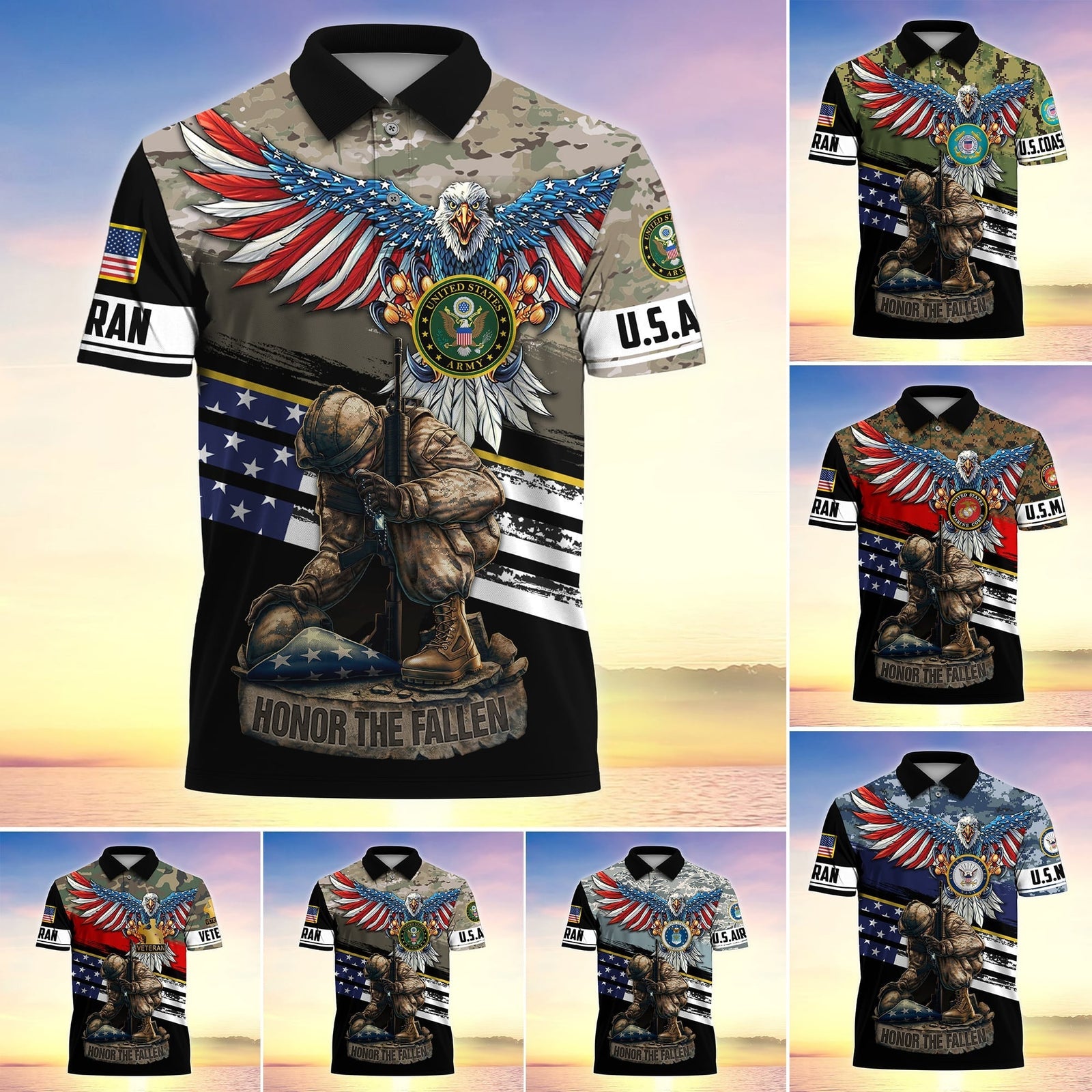 BlueJose Premium U.S Multiple Service Veteran Polo Shirt