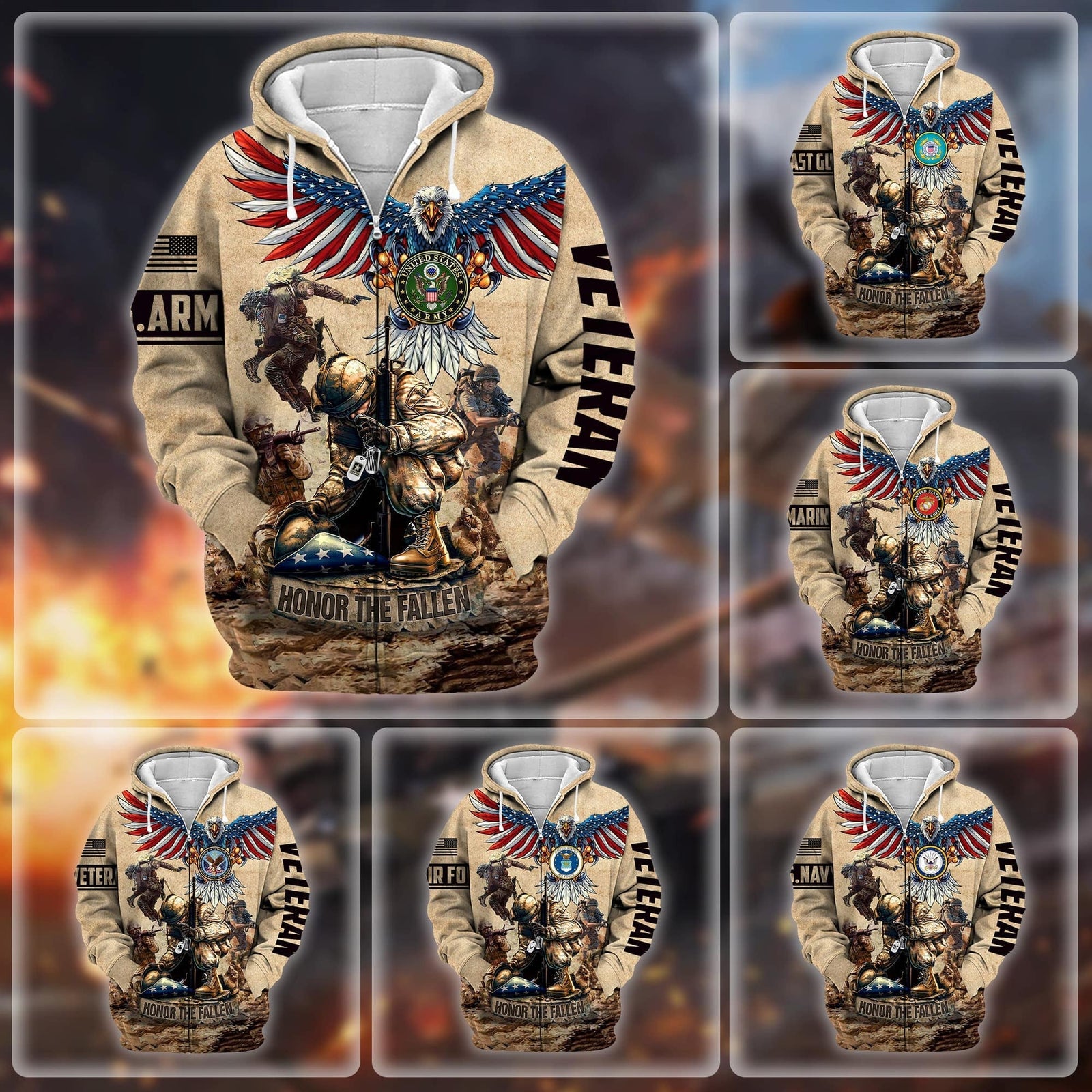 BlueJose Premium Honoring All Who Served US Veteran Zip Hoodie