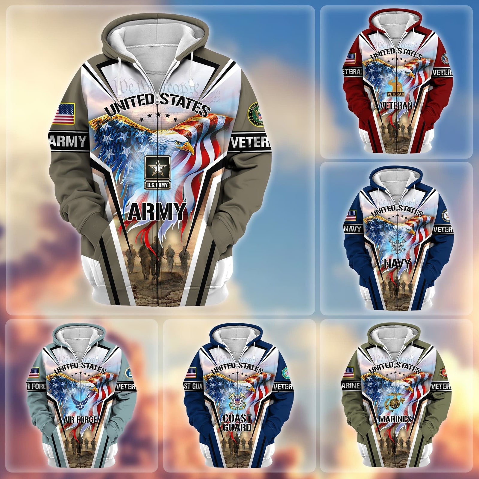 BlueJose Premium Honoring All Who Served US Veteran Zip Hoodie