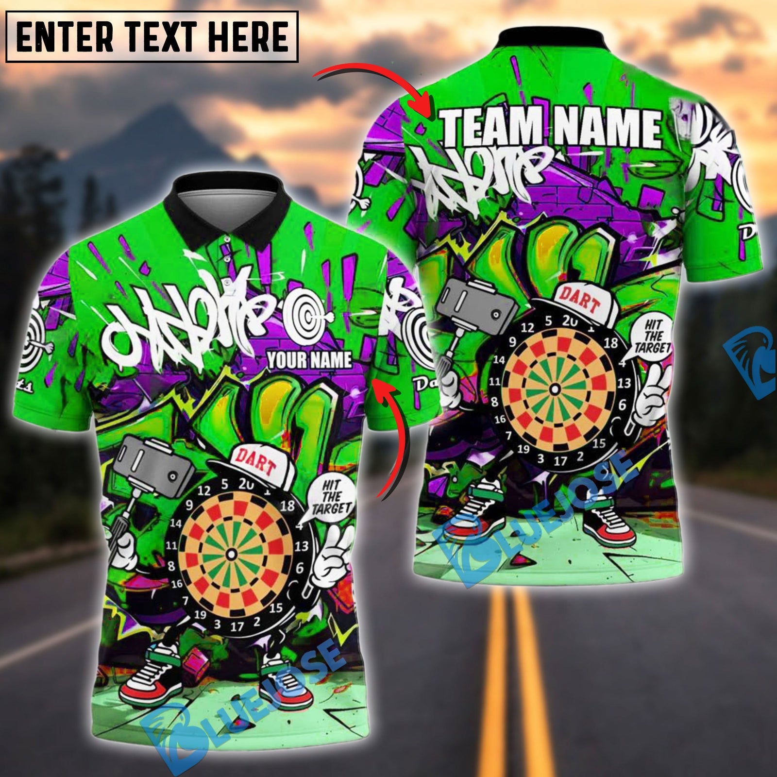 BlueJose Darts Hit the Target Graffiti Style Personalized Name, Team Name Shirt (4 Colors)