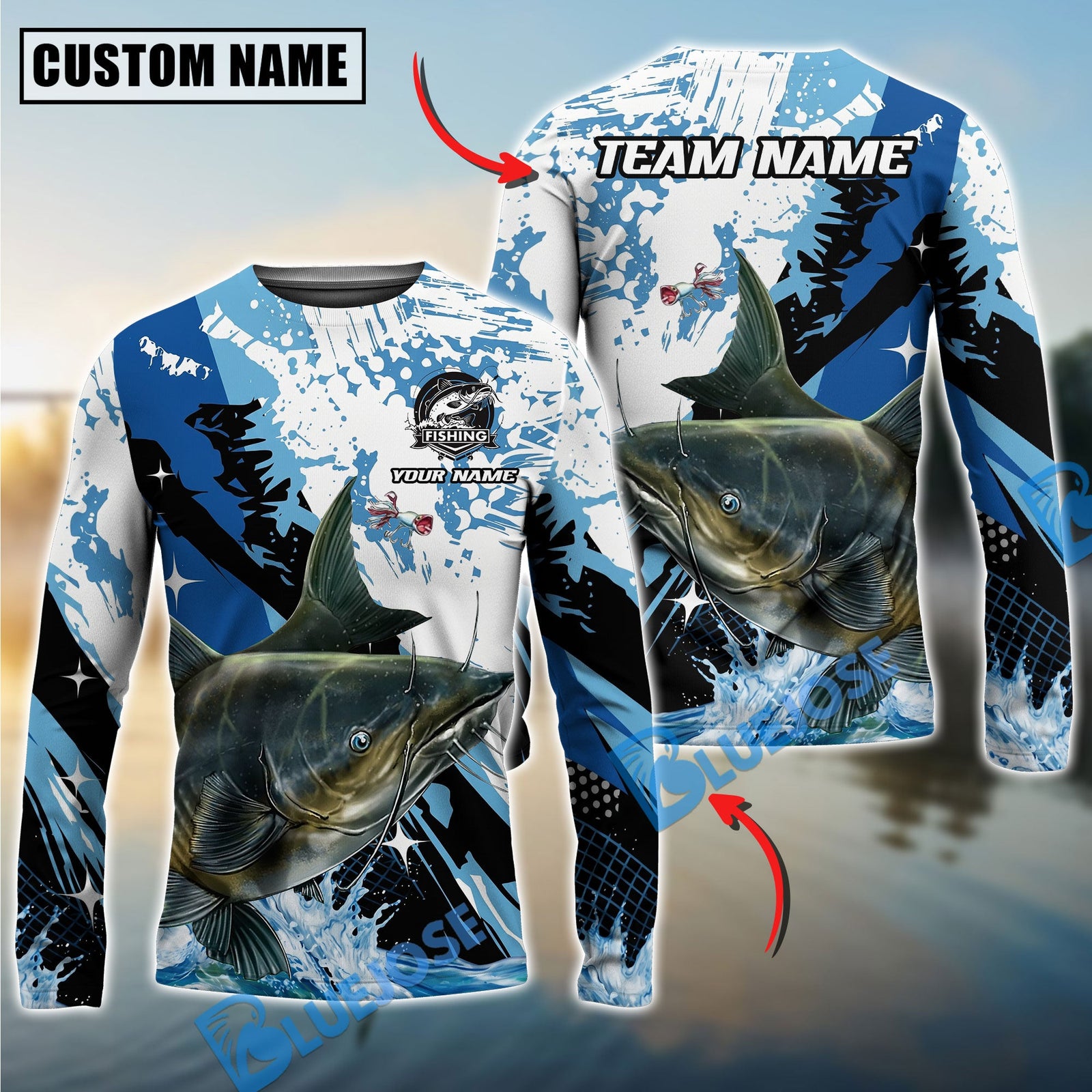 Bluejose Fishing Blue Slash Graphic Design Custom Name & Team Name 3D Shirts (12 Breeds)