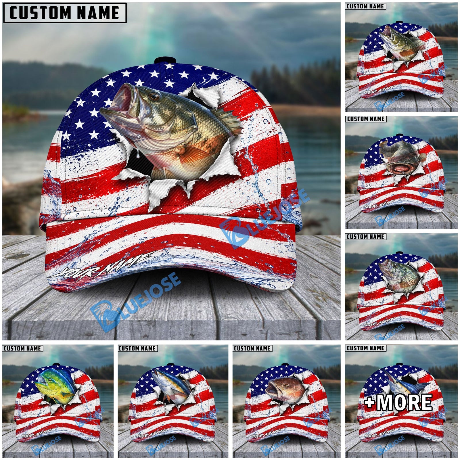BlueJose Fishing Patriotic Flag Water Splash Personalized Cap (13 Breeds)