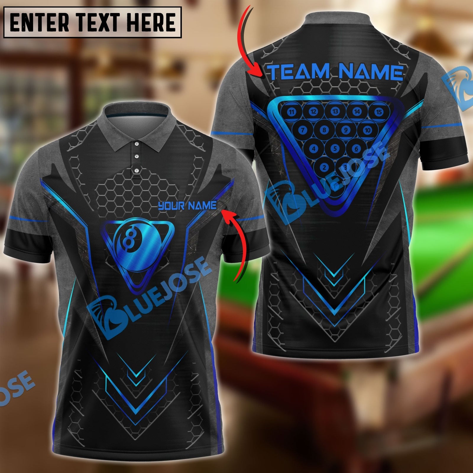 BlueJose Billiards 8 Metal Personalized Name, Team Name Unisex Shirt (4 Colors)