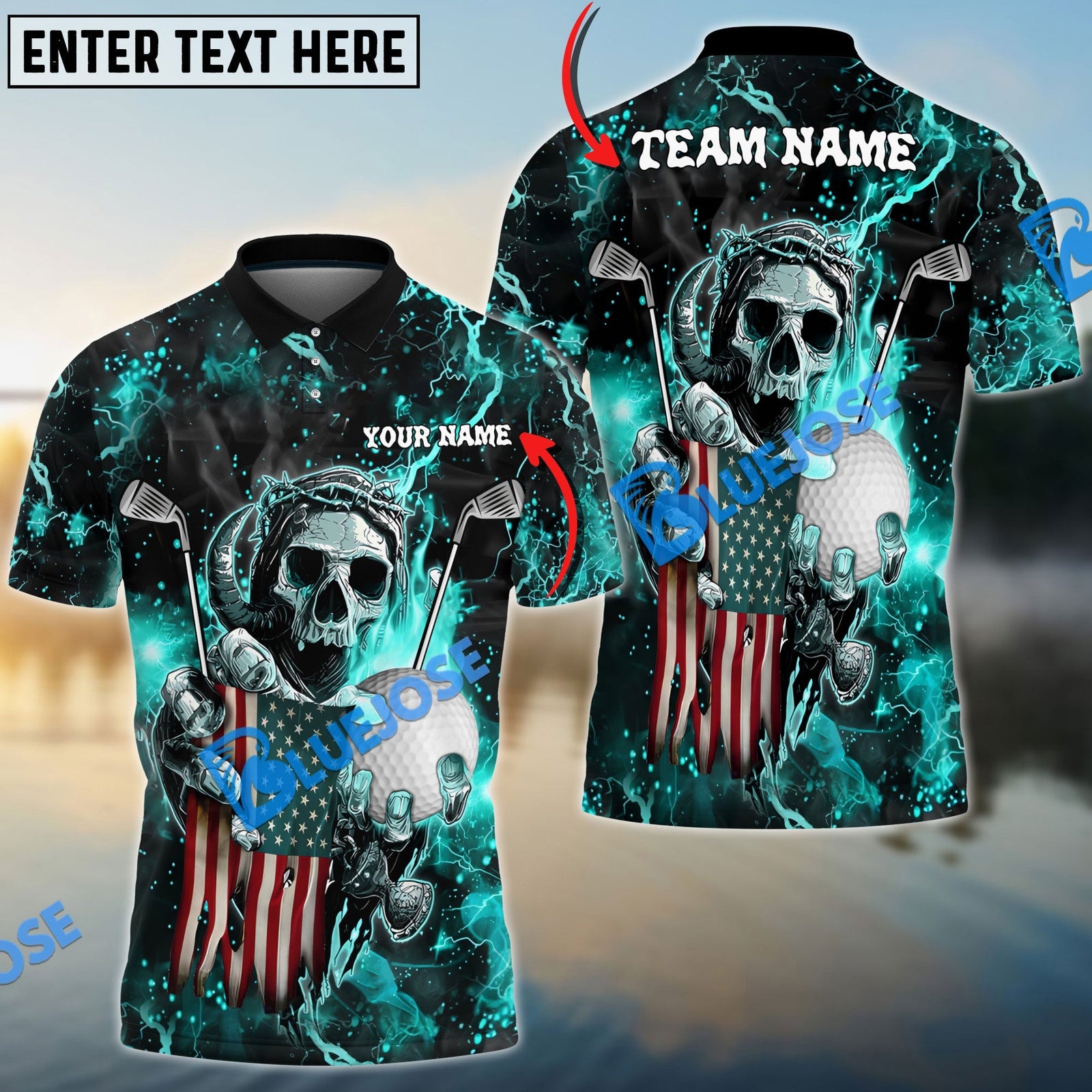 BlueJose Golf Fire Skull US Flag Customized Name, Team Name 3D Shirts (6 Colors)