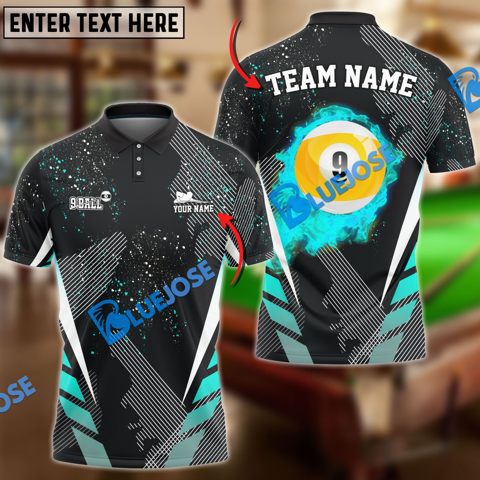 BlueJose Billiards Ball 9 Dream Tournament Personalized Name, Team Name Shirt (6 Colors)