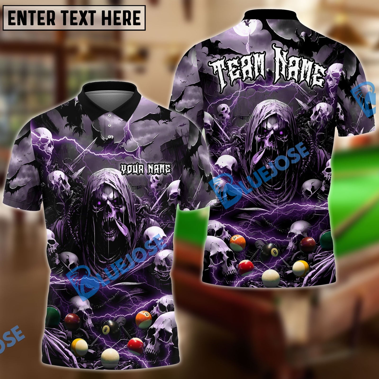 BlueJose Billiards Creepy Thunder Skull Personalized Name Team Name Shirt (6 Colors)