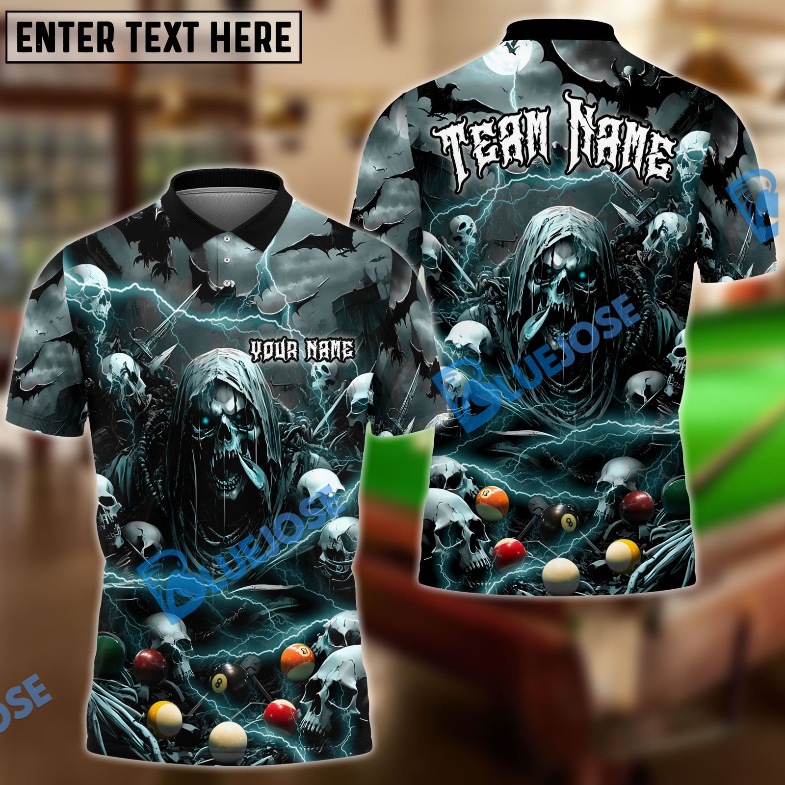 BlueJose Billiards Creepy Thunder Skull Personalized Name Team Name Shirt (6 Colors)