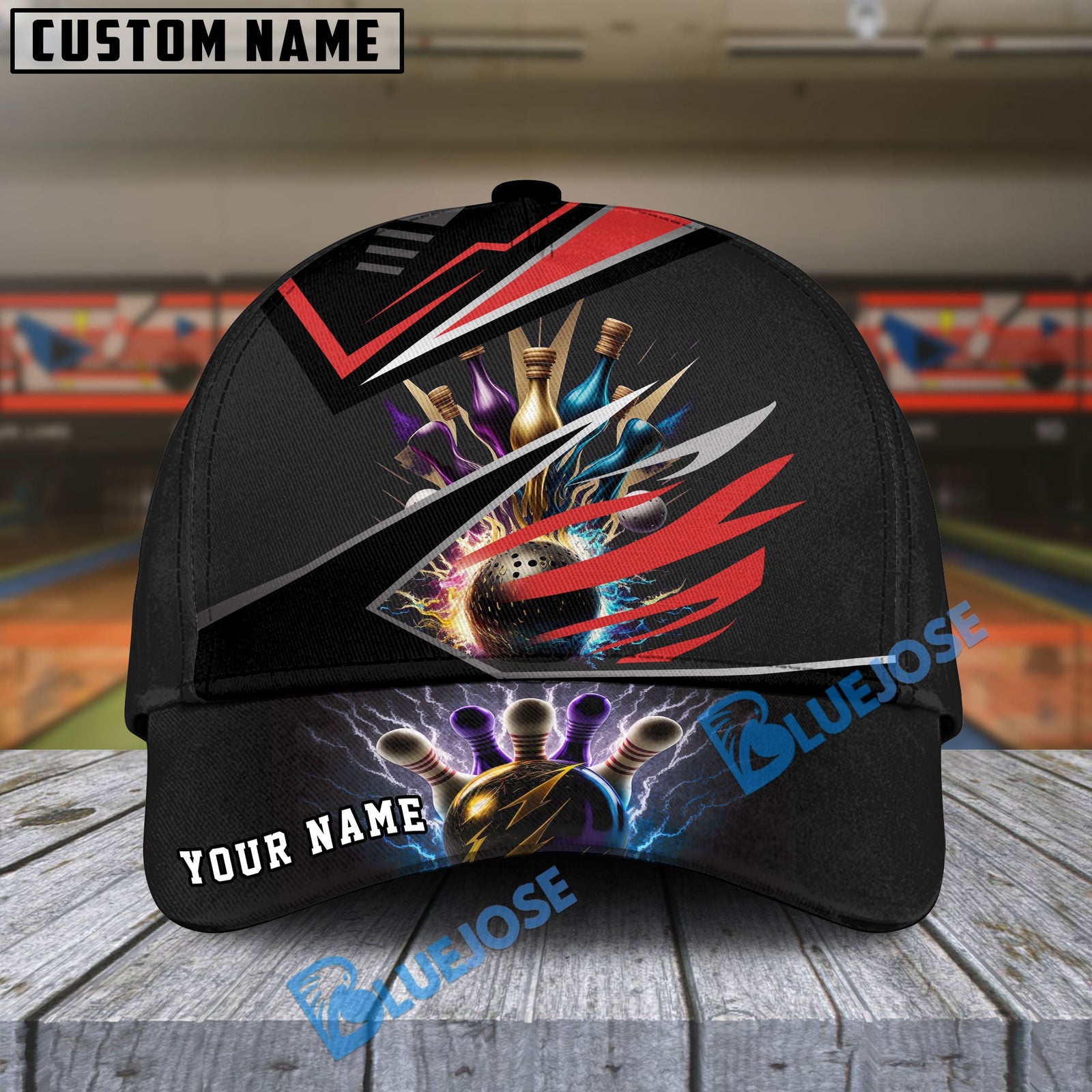 BlueJoses Bowling And Pins Premium Multicolor Personalized Name Cap