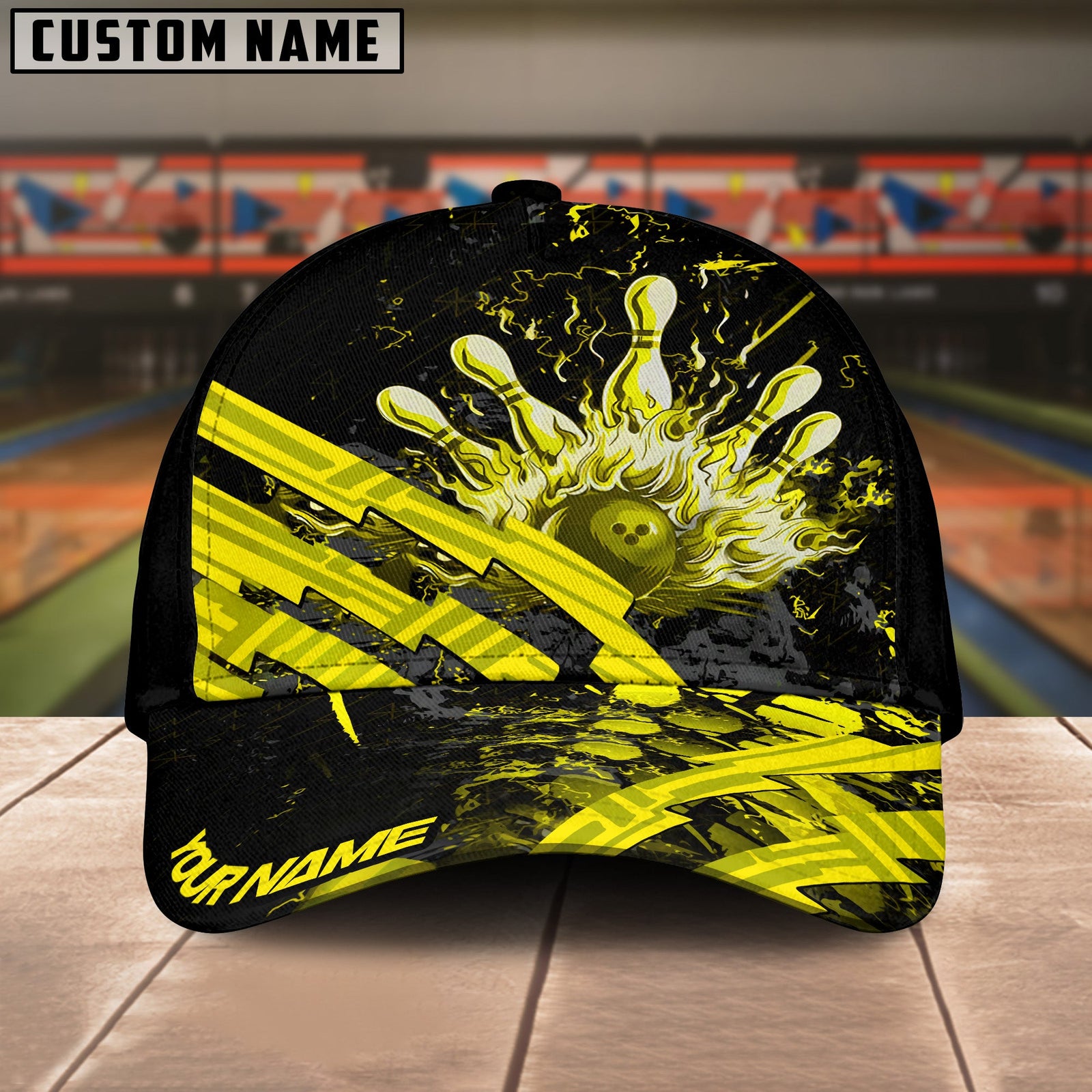 BlueJoses Bowling And Pins Grunge Flame Multicolor Personalized Name Cap