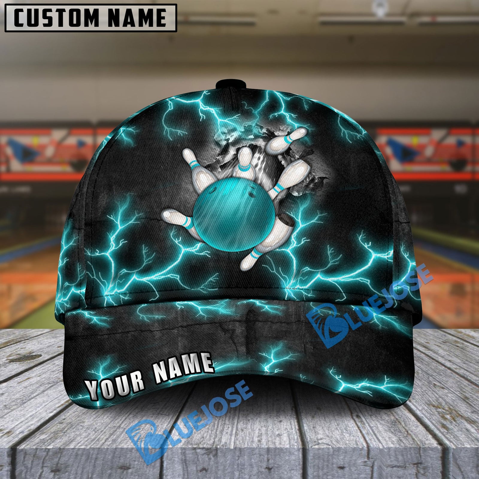 BlueJoses Bowling And Pins The Power Of The God Of Thunder Multicolor Personalized Name Cap
