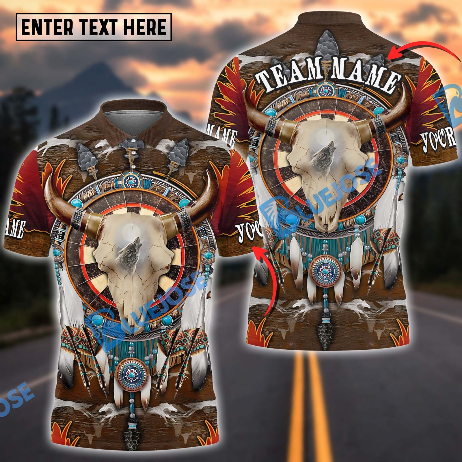 BlueJose Darts Native American Skull Personalized Name, Team Name Shirt