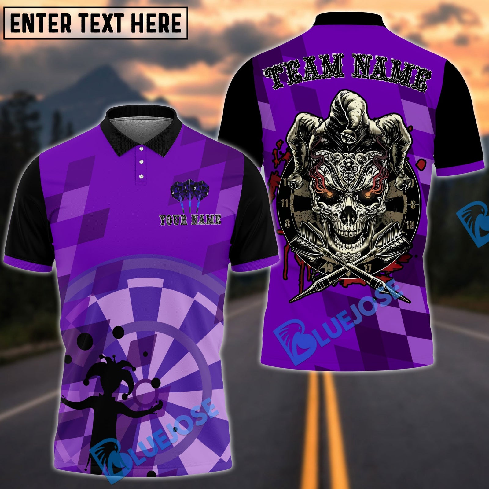 BlueJose Darts Skull Joker Personalized Name, Team Name Shirt (4 Colors)
