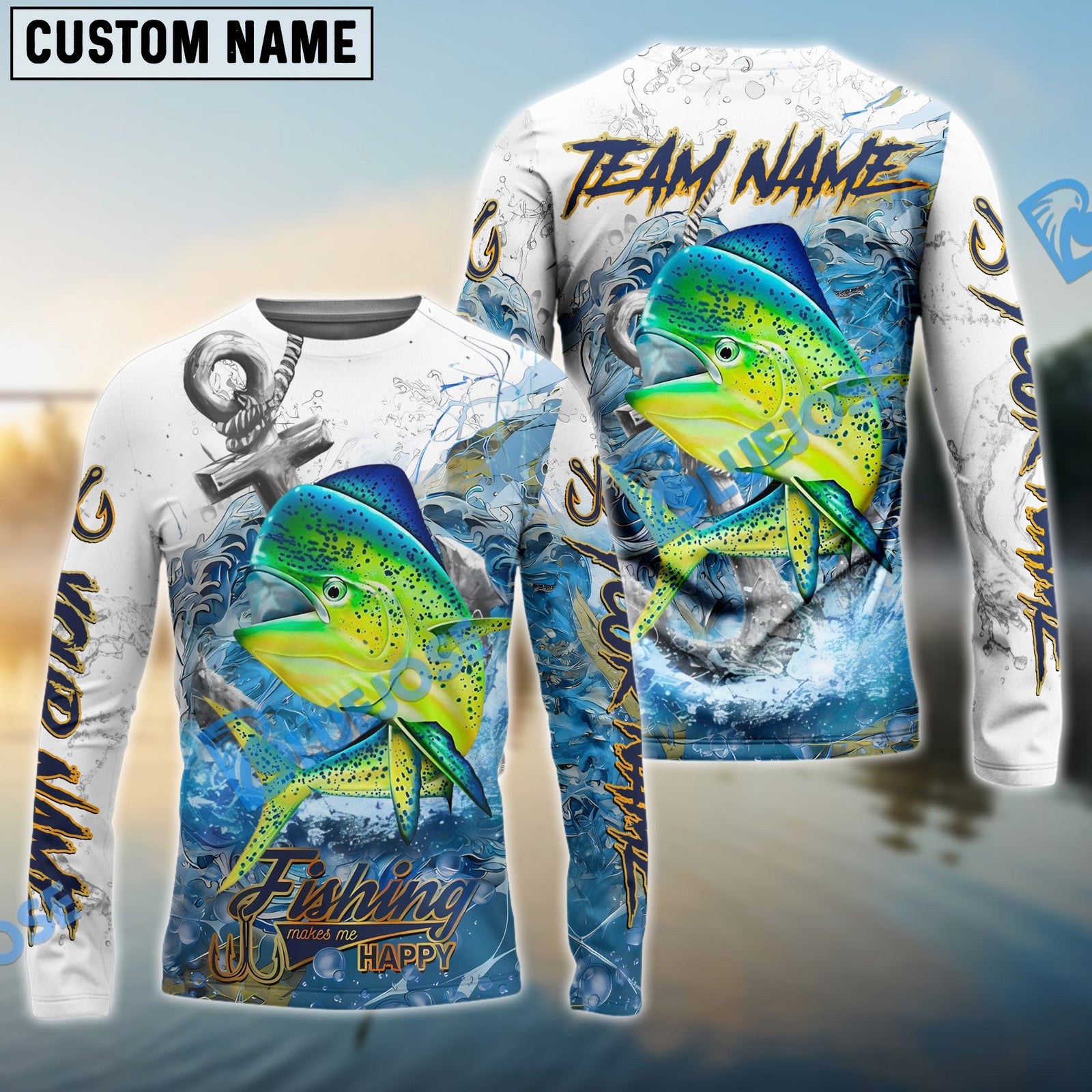 Bluejose Mahimahi Fishing Anchor Ocean Splash Design Name & Team Name 3D Shirts