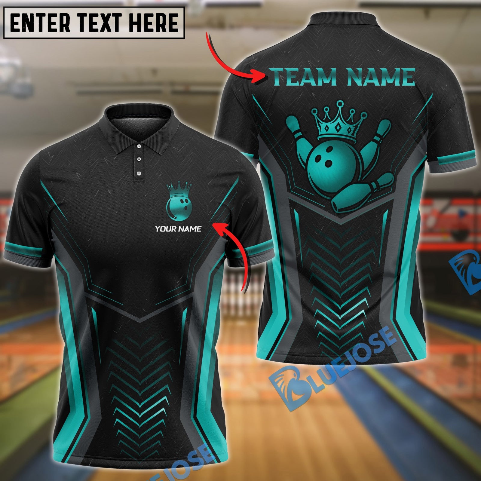 BlueJose Bowling And Pins Arrow Armor King Emblem Customized Name, Team Name 3D Shirt (4 Colors)