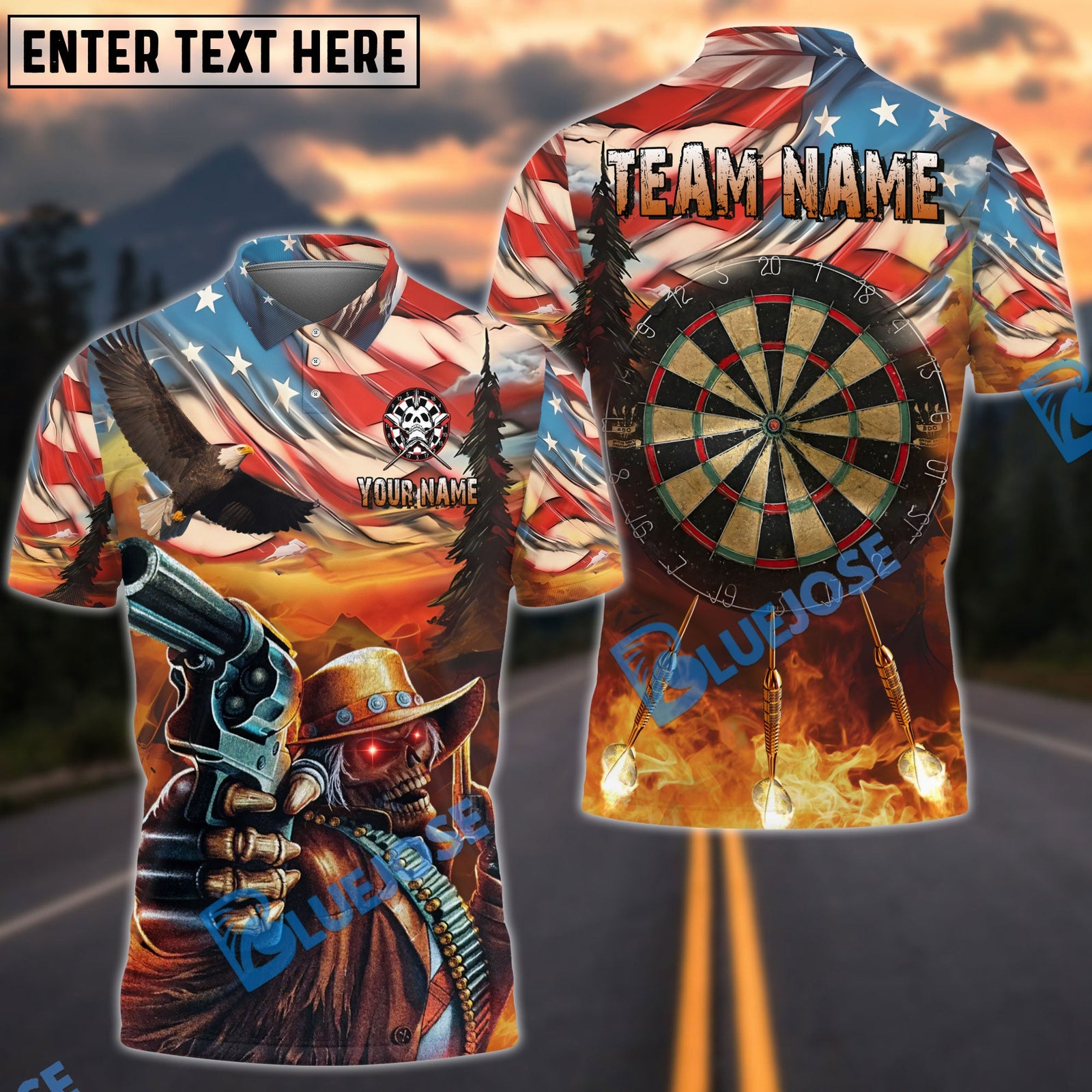 BlueJose Darts American West Cowboy Skull Personalized Name Shirt