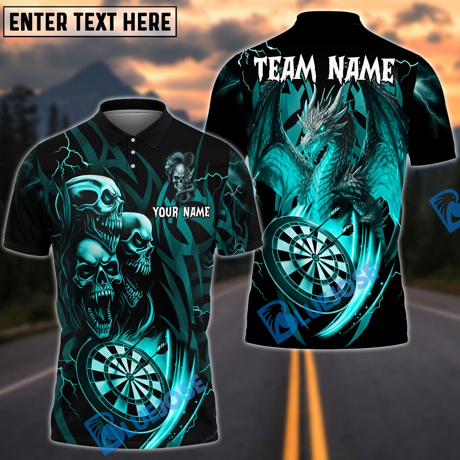 BlueJose Darts Dragon And Skull Multicolor Options Personalized Name Shirt (6 Colors)