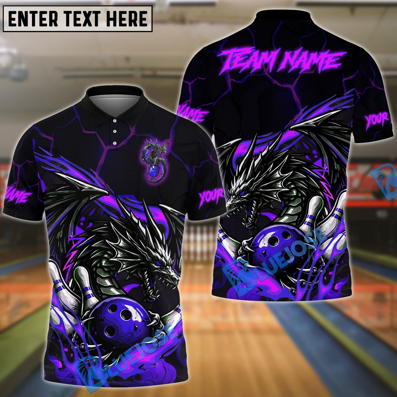 BlueJose Bowling & Pins Flame Aura Dragon Customized Name, Team Name 3D Shirt (4 Colors)