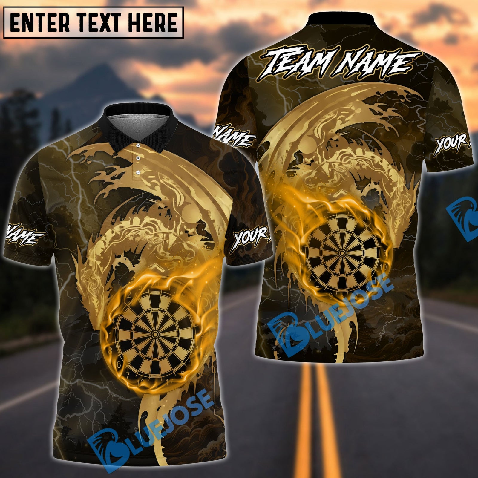 BlueJose Darts Golden Dragon Flowing Ornamental Art Multicolor Options Personalized Name Shirt (6 Colors)