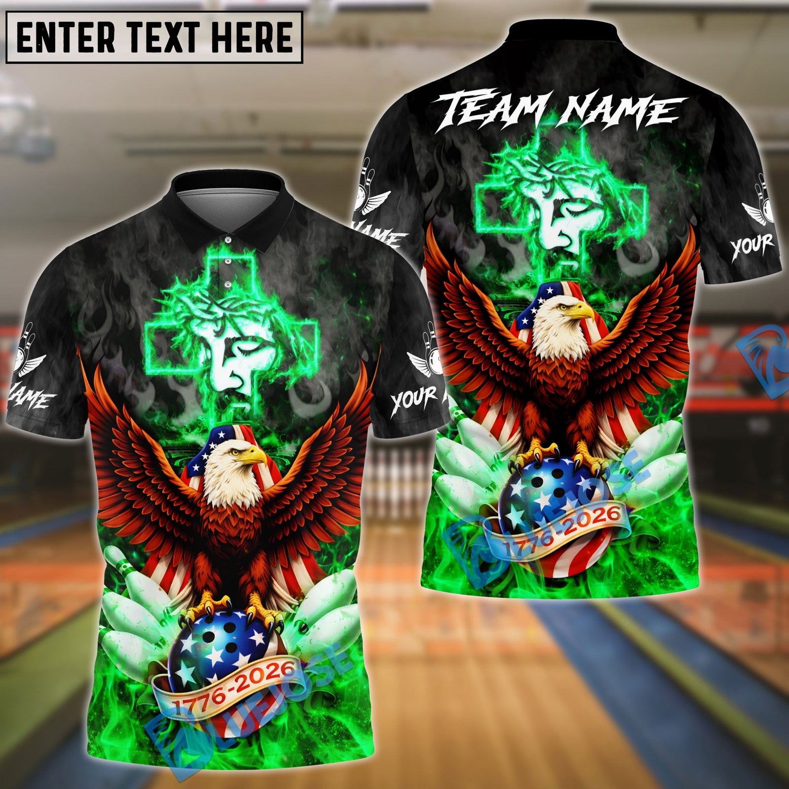 BlueJose Bowling & Pins Flame Eagle American Cross God Customized Name, Team Name 3D Shirt (4 Colors)