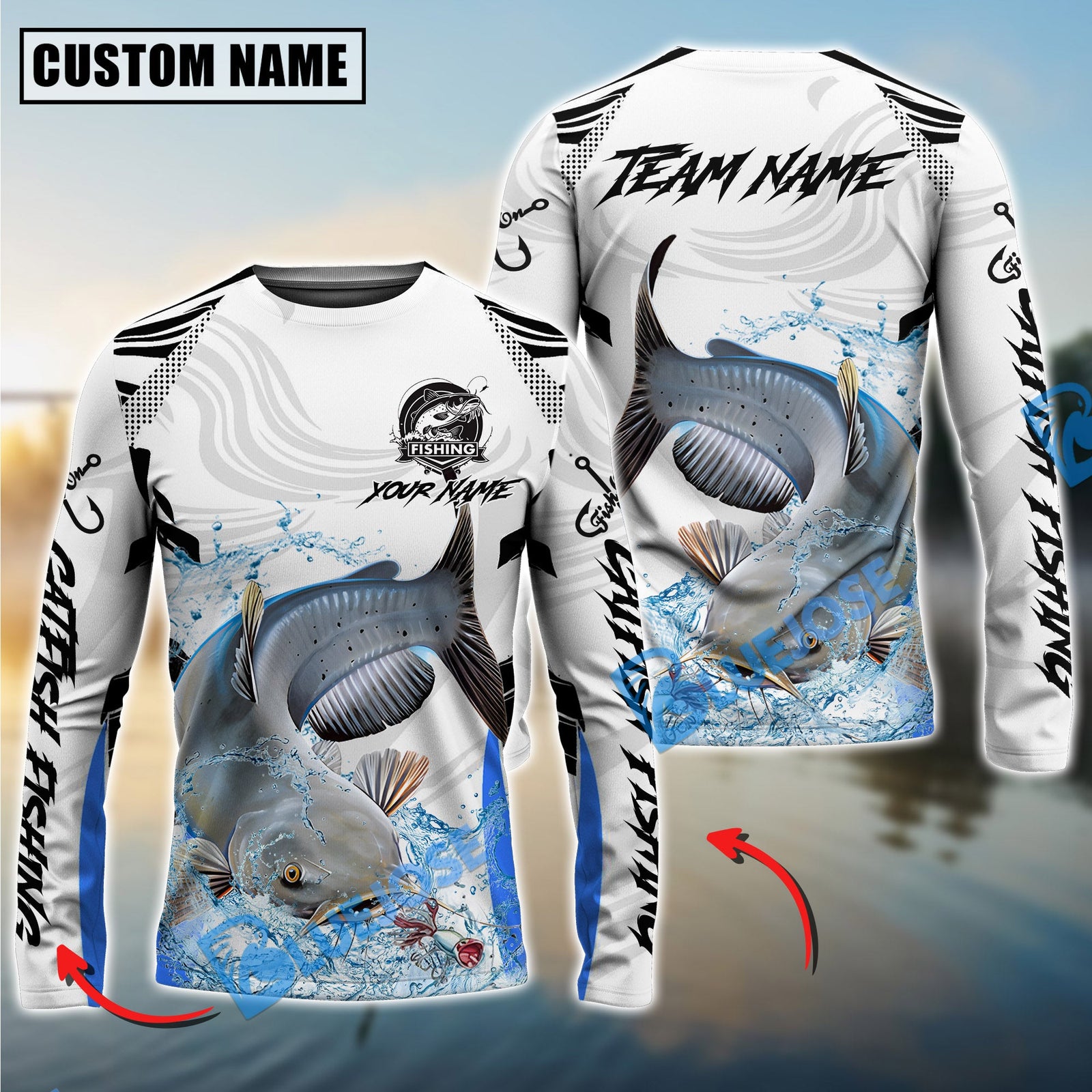 Bluejose Catfish Fishing White Black Curve Pattern Design Custom Name & Team Name 3D Shirts