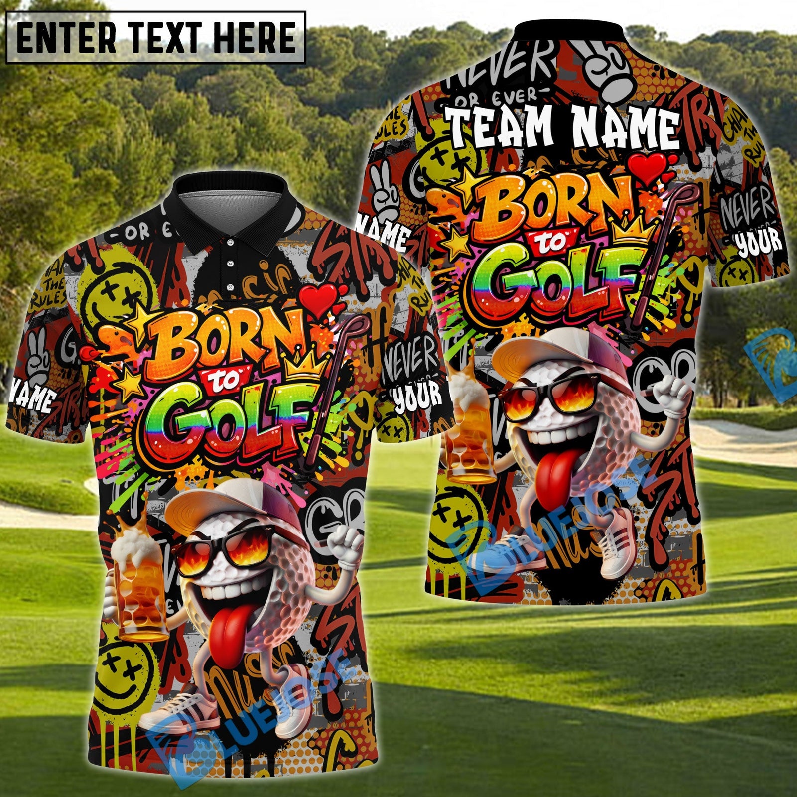 BlueJose Urban Graffiti Born To Golf Polo Personalized Name, Team Name 3D Shirt (4 Colors)