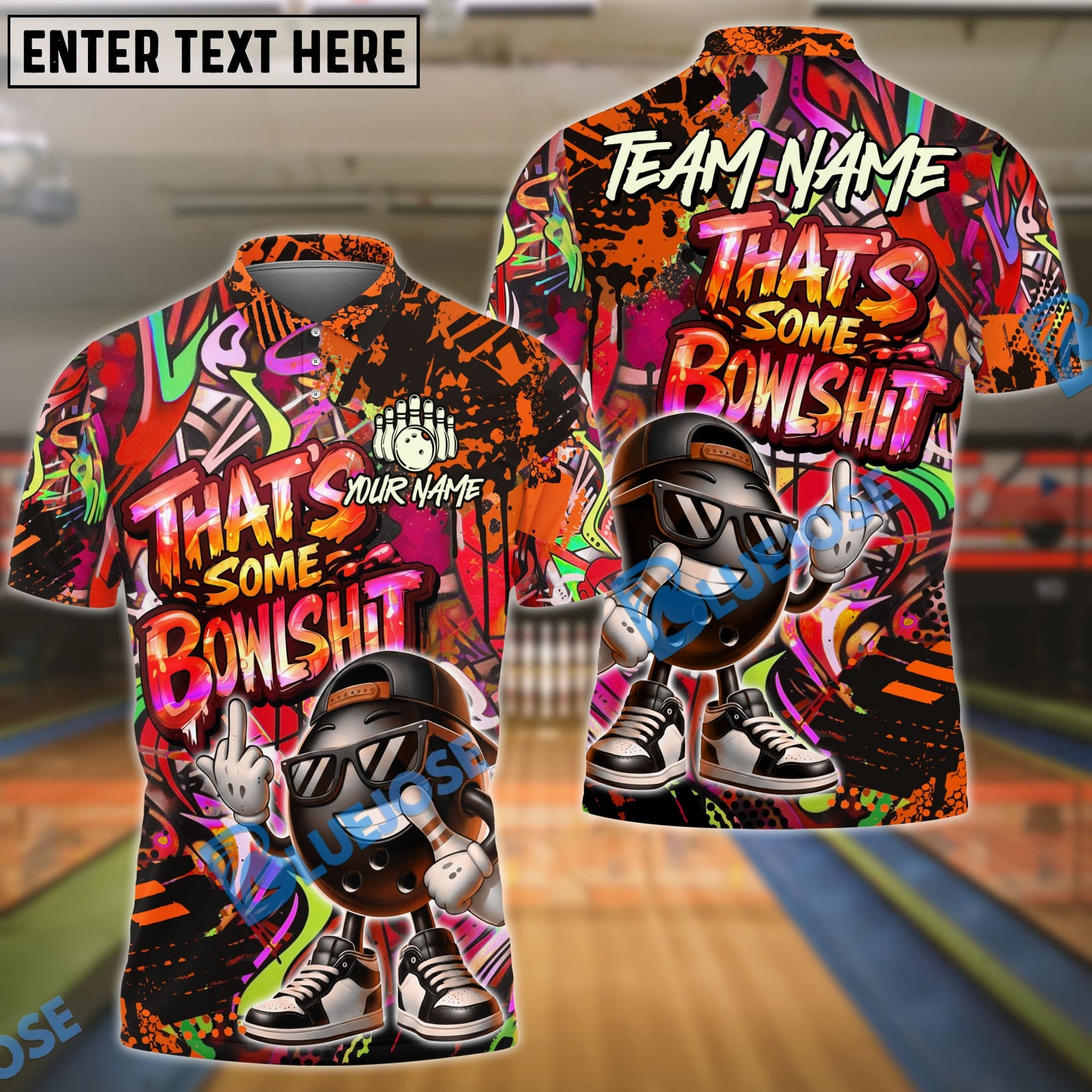 BlueJose Bowling & Pins Funny Graffiti Cool Cartoon Street Art Design That's Some Bowlshit Customized Name, Team Name 3D Shirt (4 Colors)