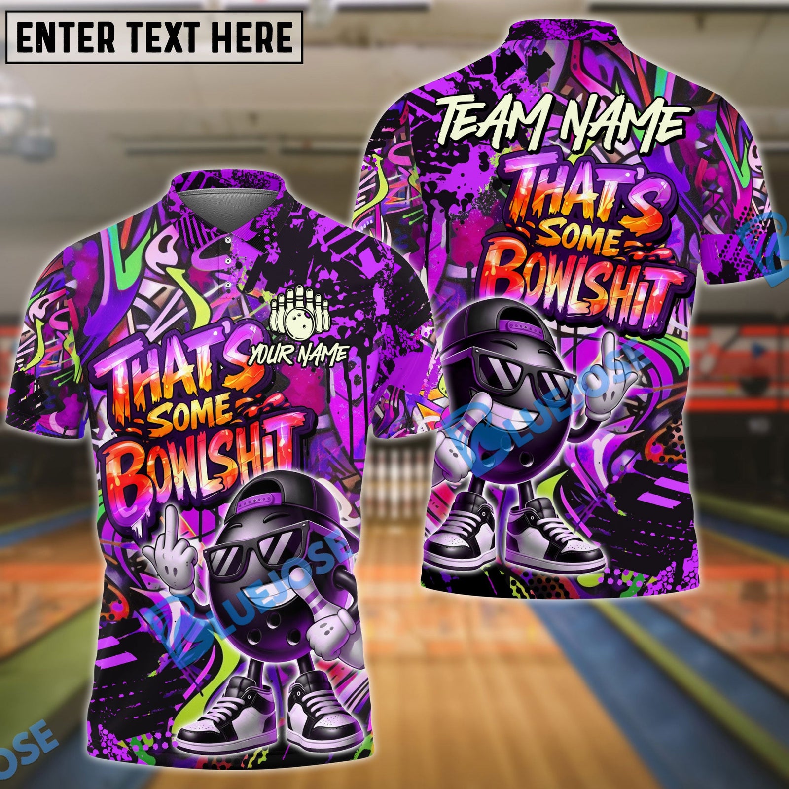 BlueJose Bowling & Pins Funny Graffiti Cool Cartoon Street Art Design That's Some Bowlshit Customized Name, Team Name 3D Shirt (4 Colors)