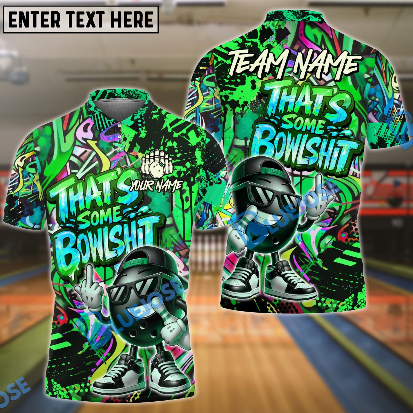 BlueJose Bowling & Pins Funny Graffiti Cool Cartoon Street Art Design That's Some Bowlshit Customized Name, Team Name 3D Shirt (4 Colors)