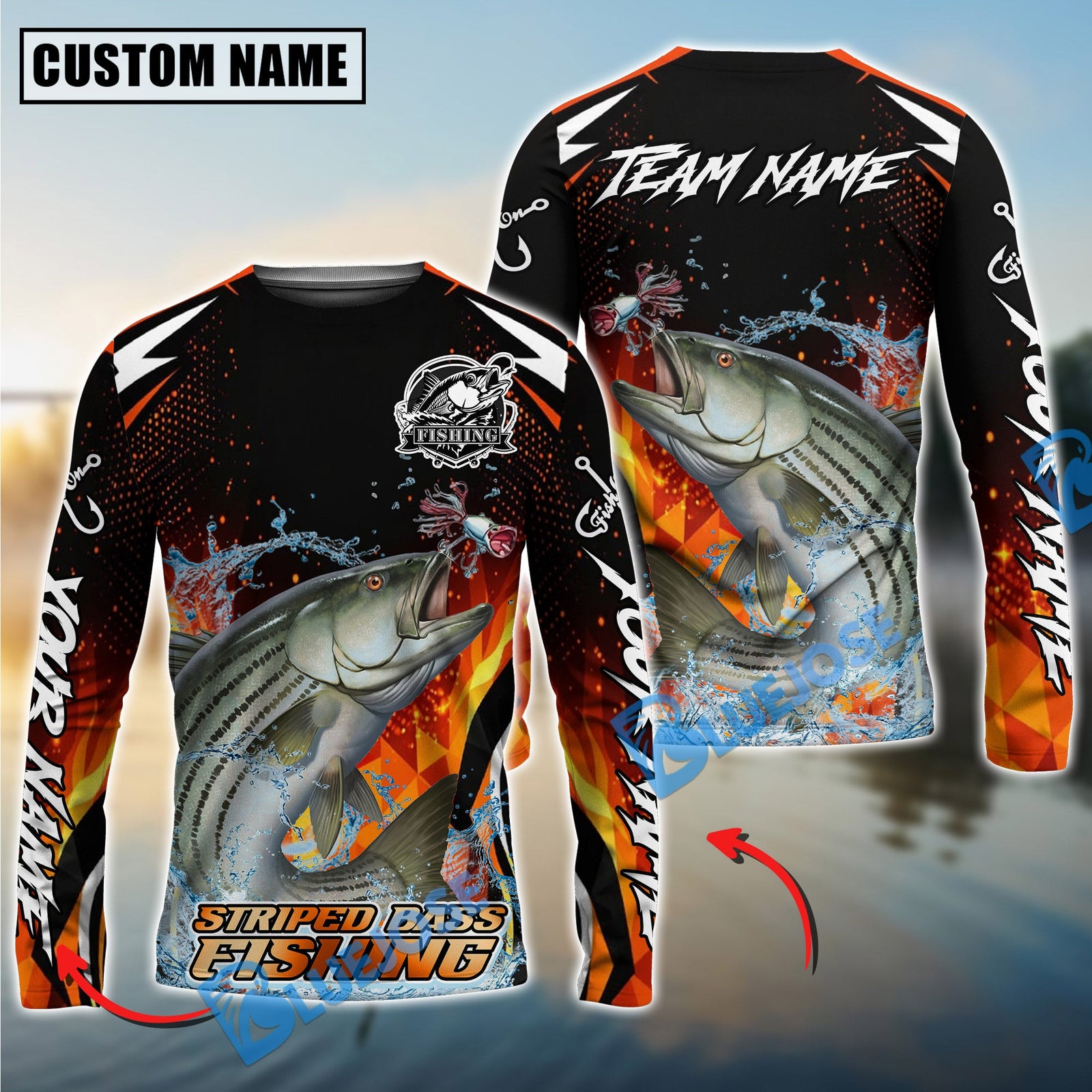 Bluejose Striped Bass Fishing Fire Touch Custom Name & Team Name 3D Shirts