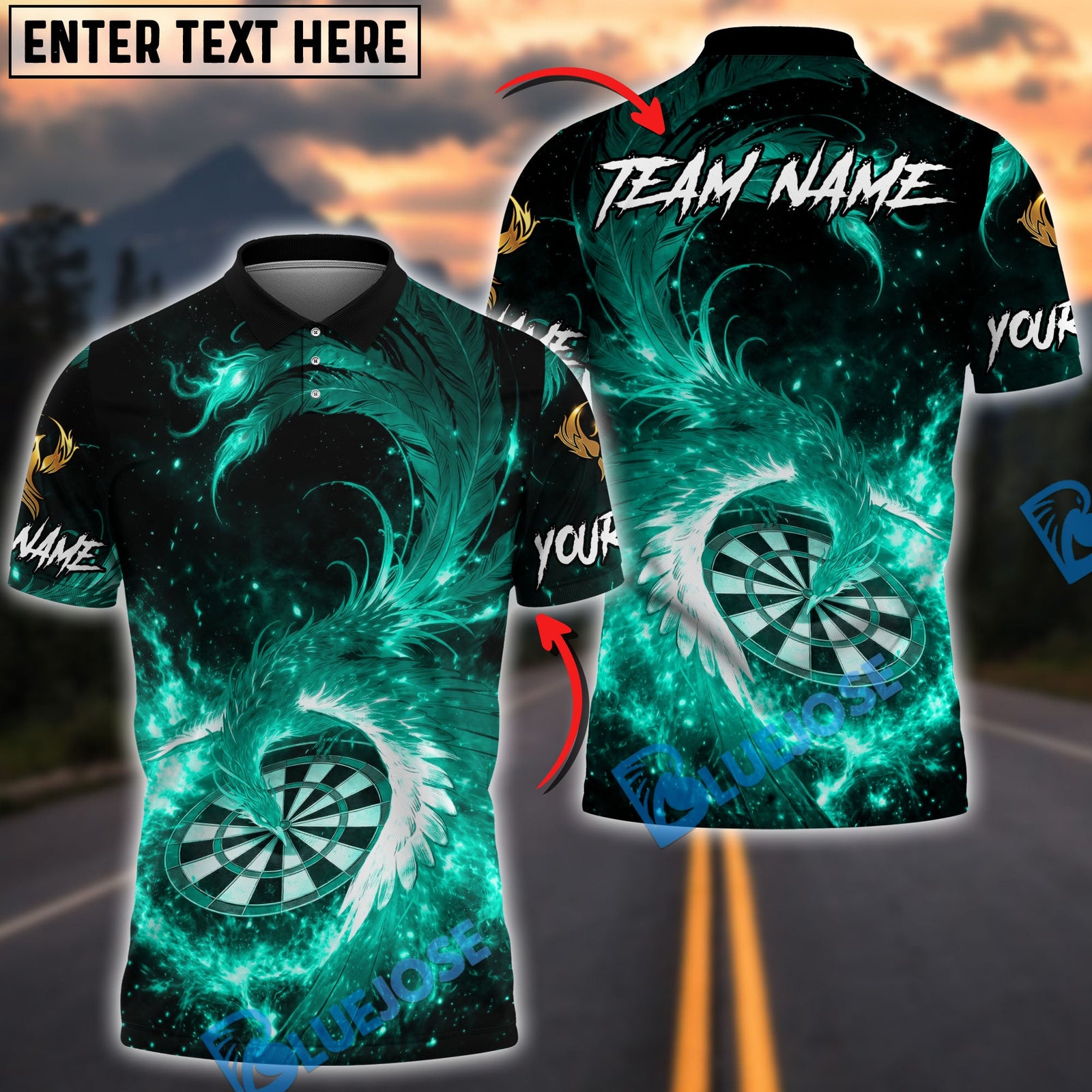 BlueJose Darts Flaming Phoenix Firestorm Personalized Name, Team Name Unisex Shirt (4 Colors)