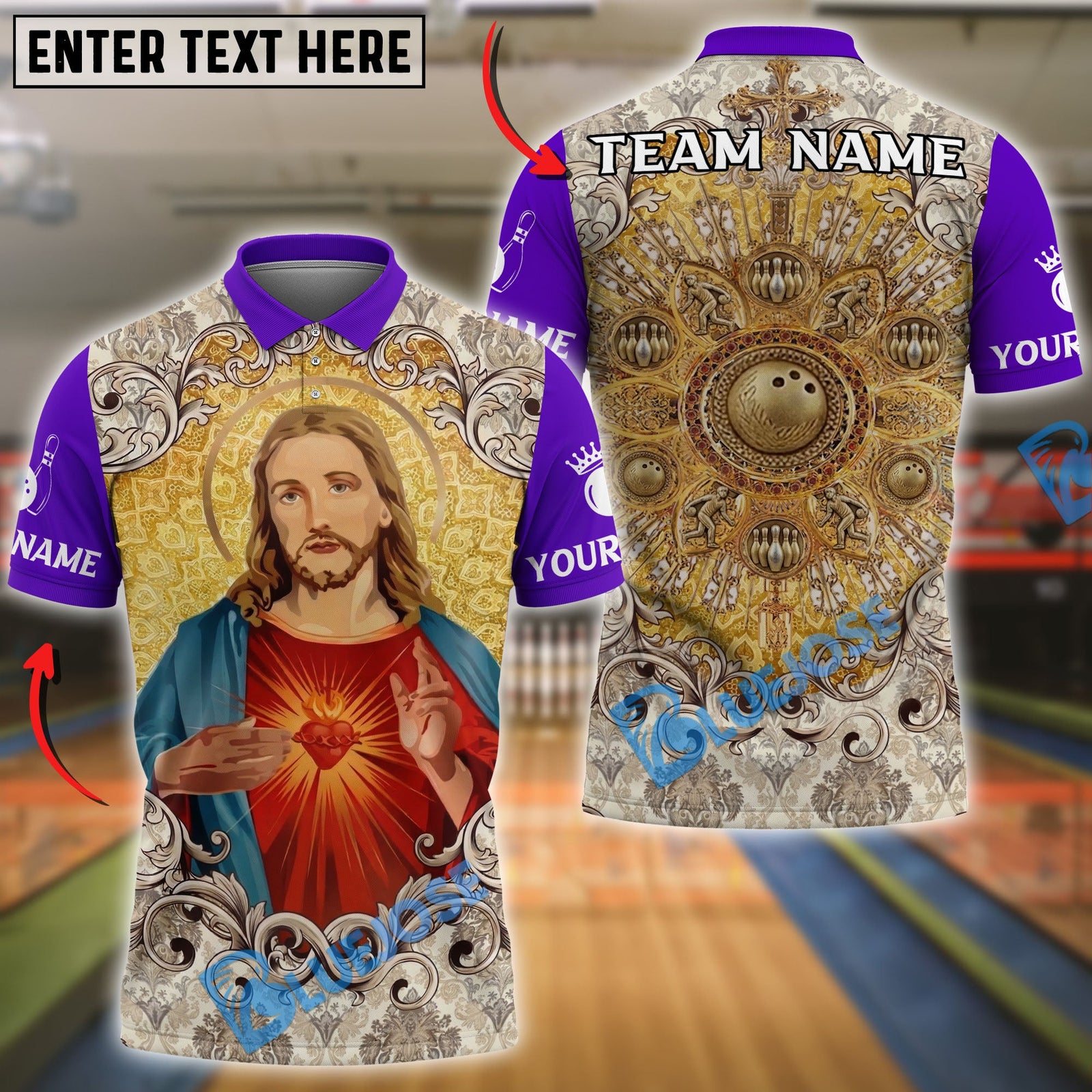 BlueJose Bowling And Pins Jesus Sacred Heart Customized Name, Team Name 3D Shirt (4 Colors)