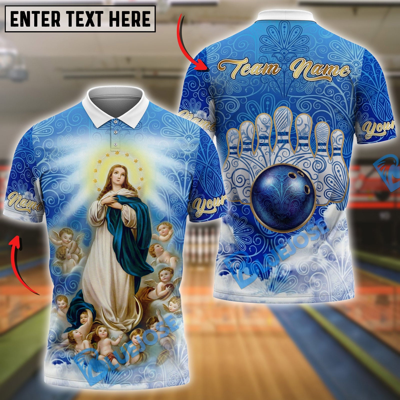 BlueJose Bowling And Pins Celestial Mother Mary Our Lady of Victory Customized Name, Team Name 3D Shirt (4 Colors)
