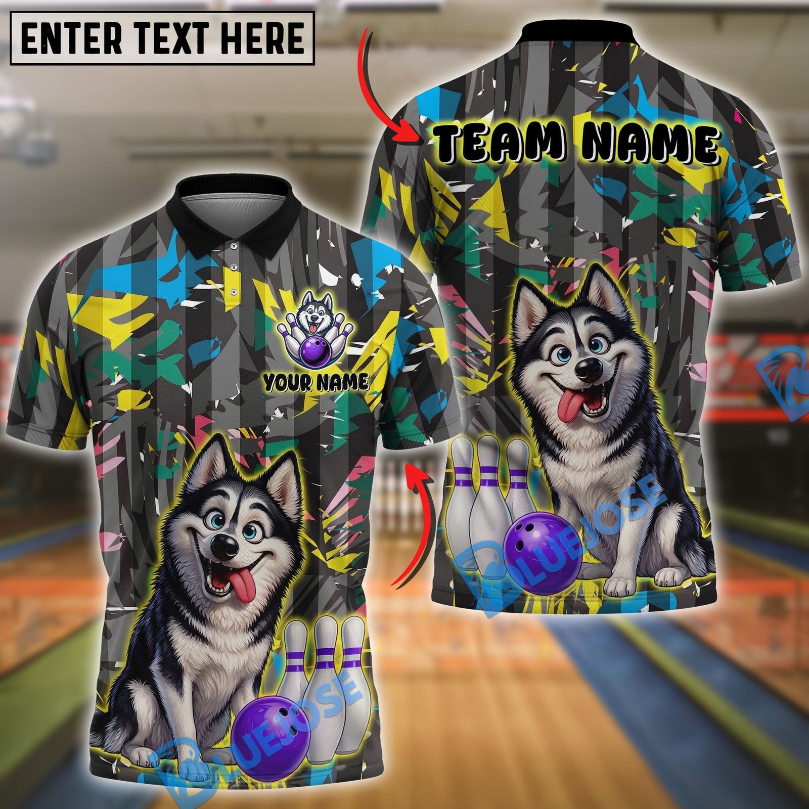 BlueJose Bowling And Pins Funny Cute Husky Customized Name, Team Name 3D Shirt (4 Colors)