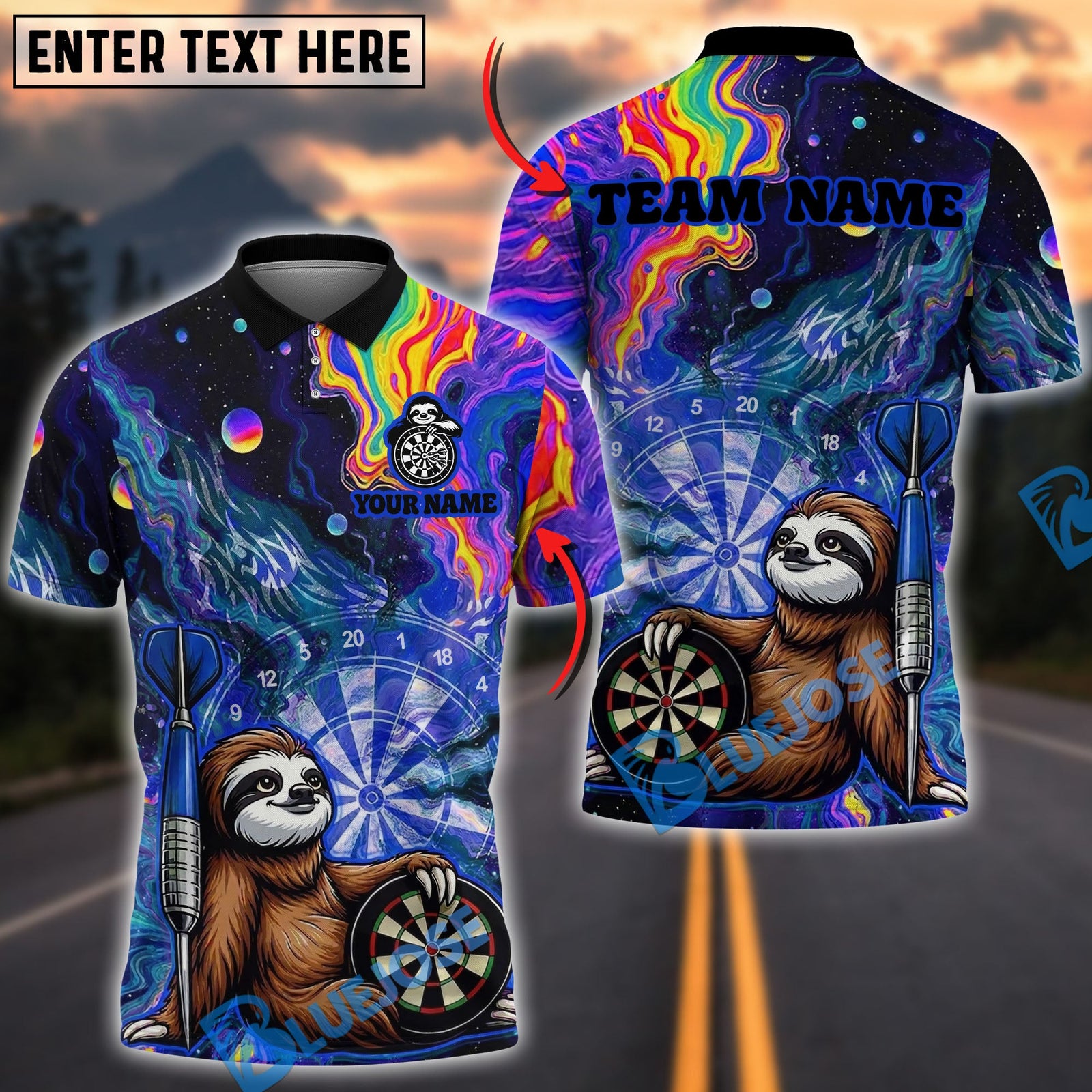 BlueJose Darts Funny Cute Sloths Design Personalized Name, Team Name Unisex Shirt (4 Colors)