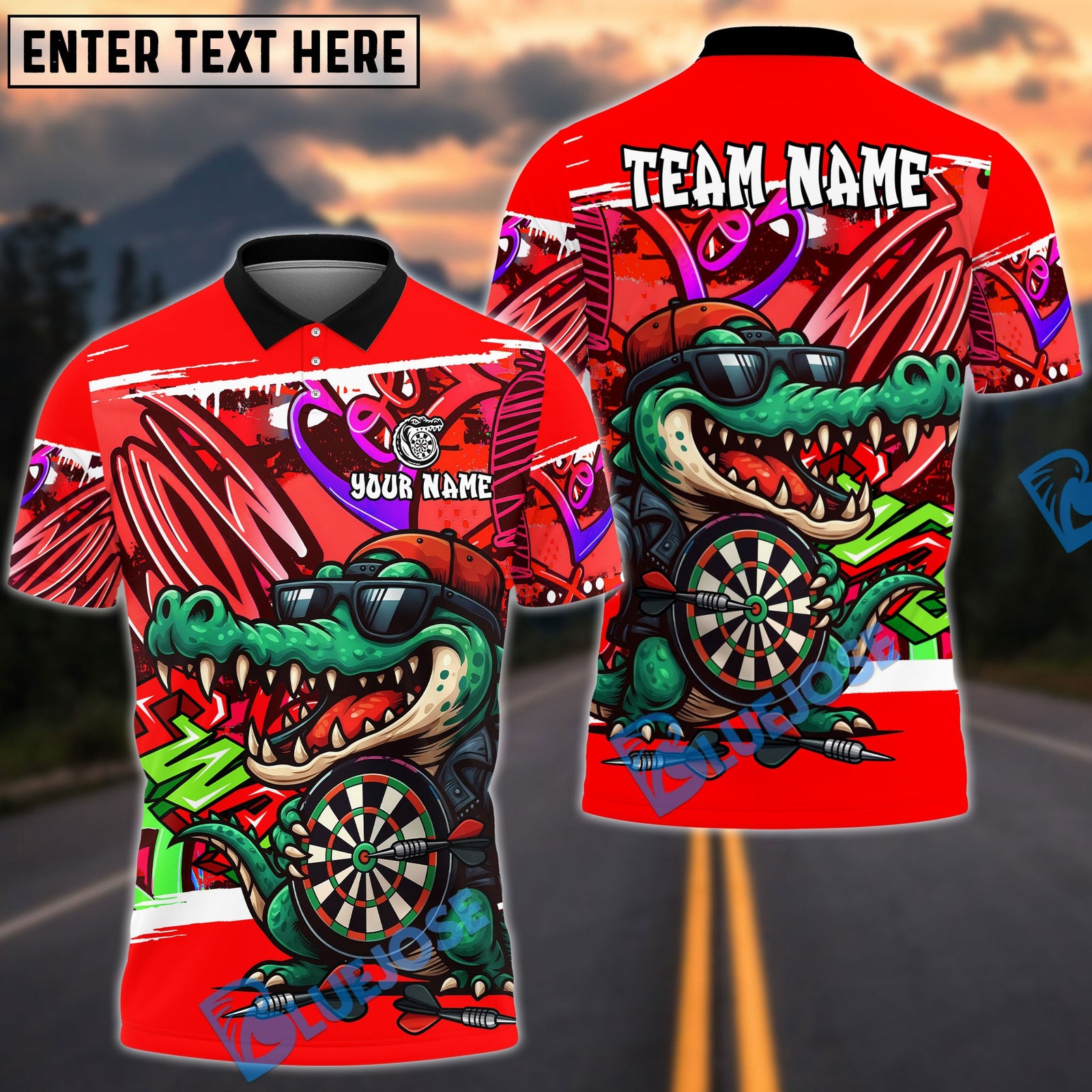 BlueJose Darts Street Graffiti Crocodile Dartboard Design Personalized Name, Team Name Unisex Shirt (4 Colors)