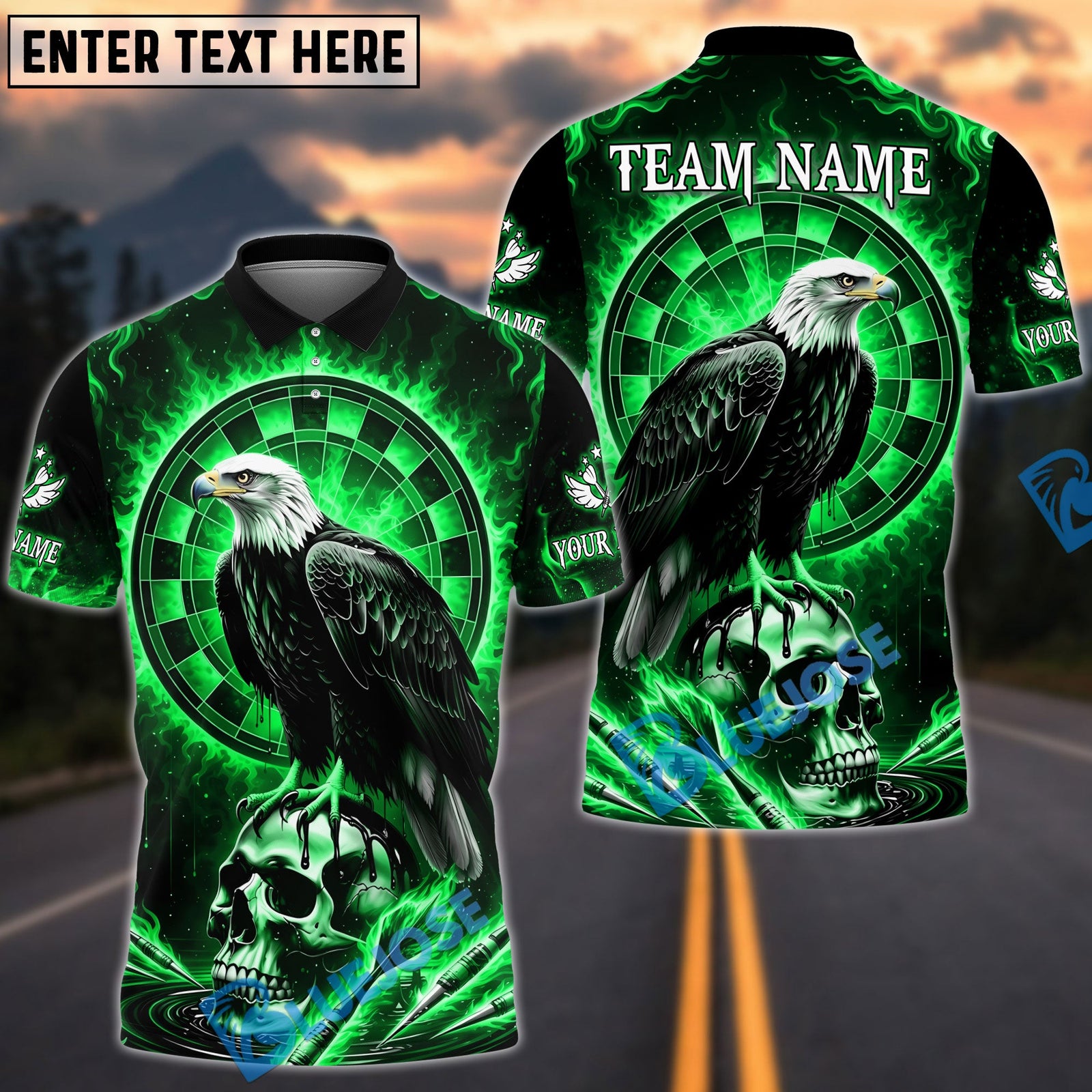 BlueJose Darts Fire Eagle On Skull Design Personalized Name, Team Name Unisex Shirt (4 Colors)