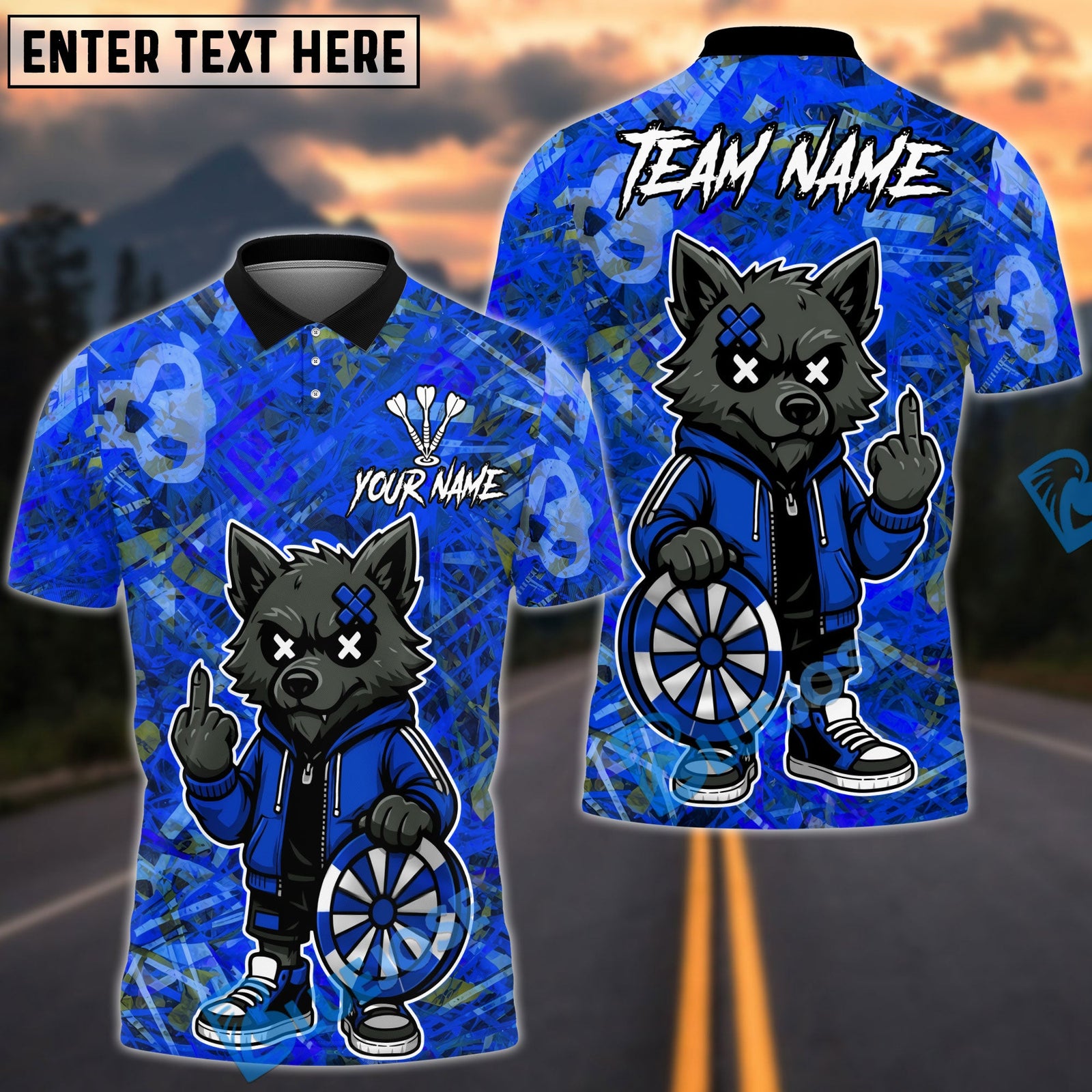 BlueJose Darts Cartoon Wolf Graffiti Personalized Name, Team Name Unisex Shirt (4 Colors)