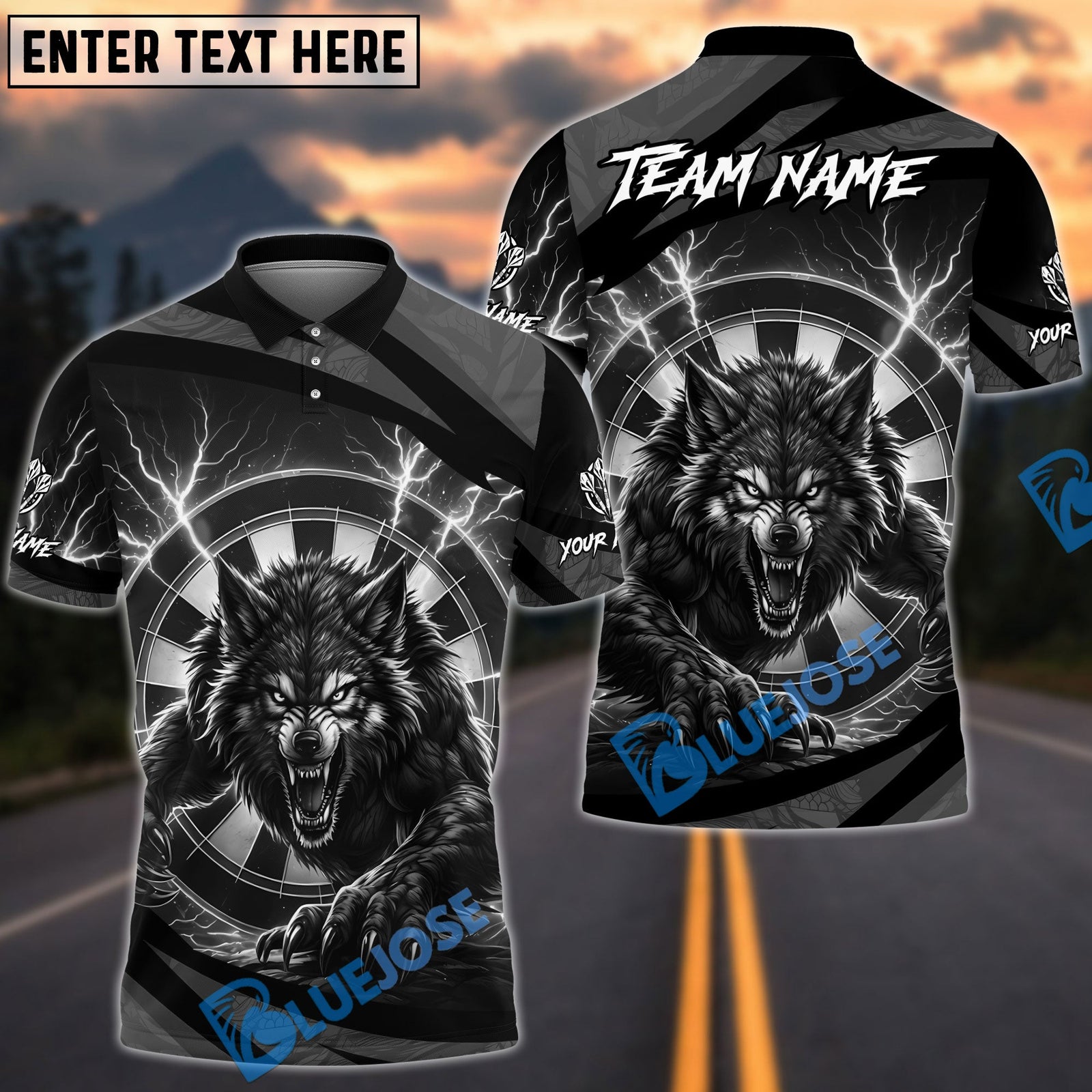 BlueJose Darts Lightning Wolf With Dartboard Design Personalized Name, Team Name Unisex Shirt (6 Colors)
