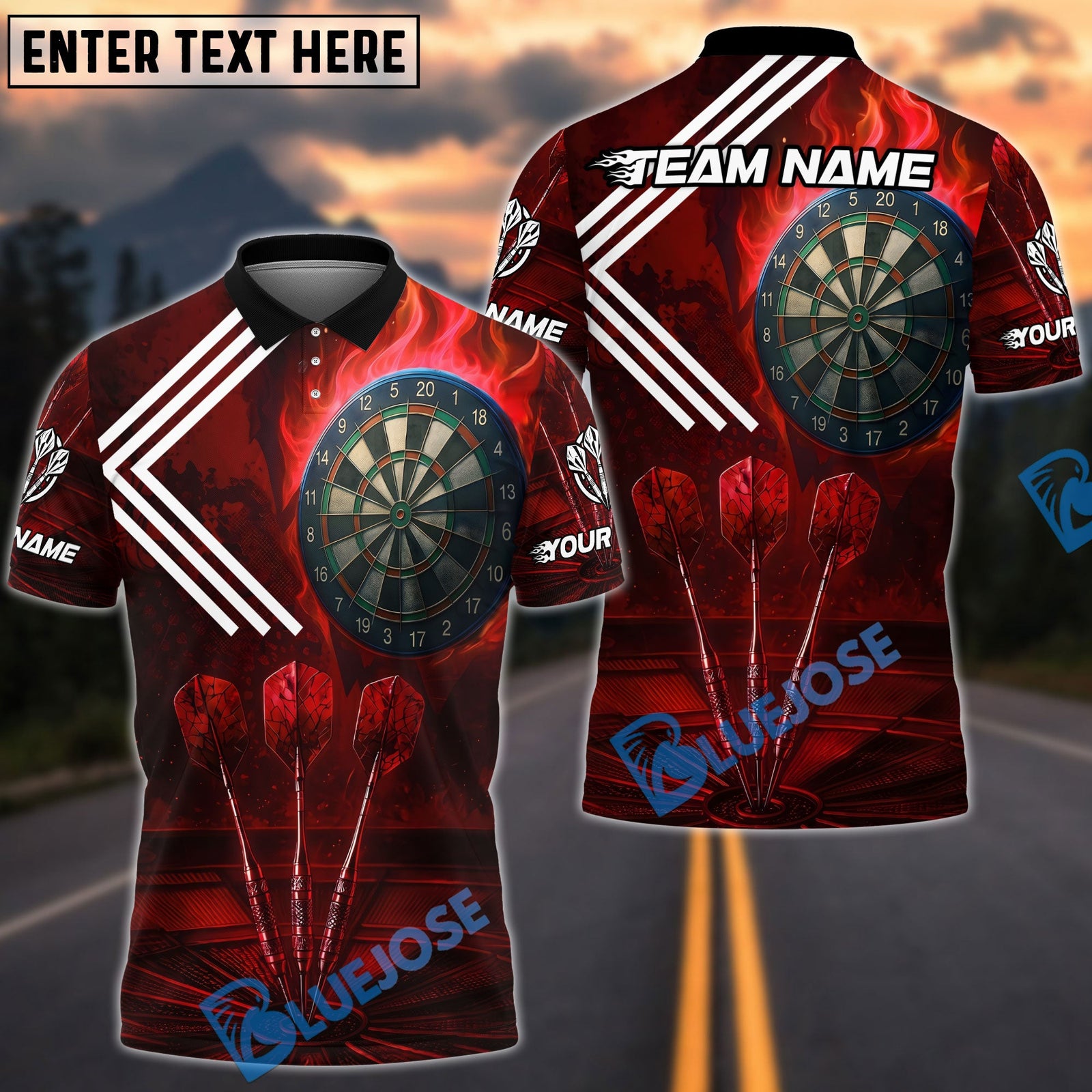 BlueJose Darts Fire Flame White Arrow Design Personalized Name, Team Name Unisex Shirt (4 Colors)