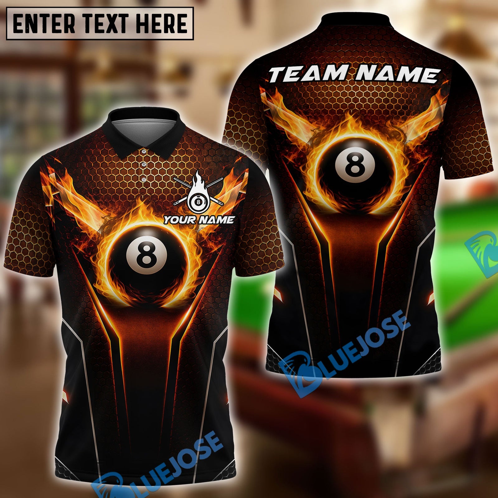 BlueJose Billiards Ball 8 Honeycomb Heat Personalized Name Shirt (4 Colors)