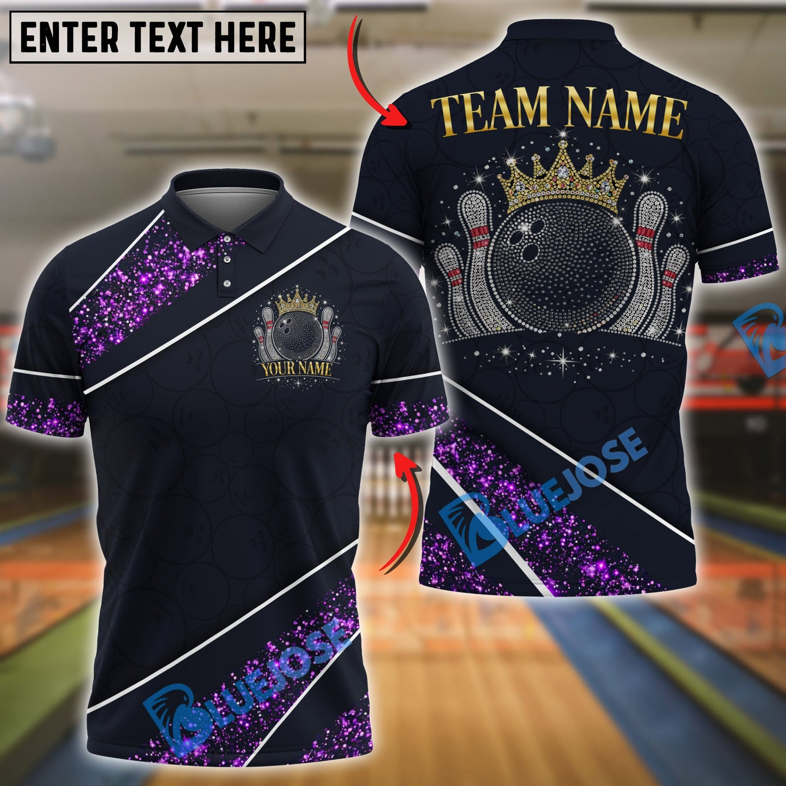 BlueJose Bowling And Pins Glitter Sparkling Crown Customized Name, Team Name 3D Shirt (6 Colors)