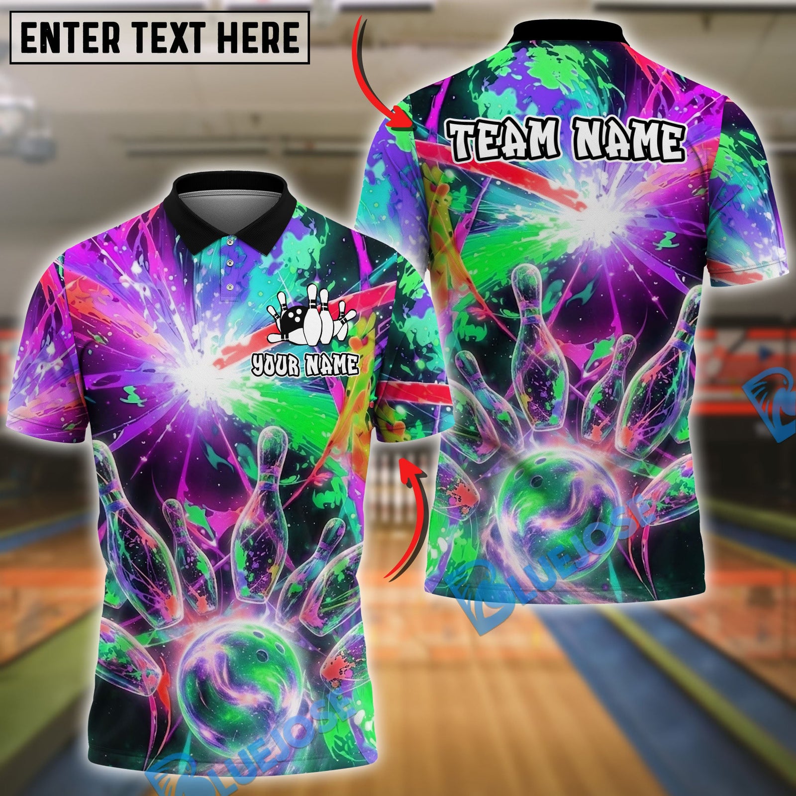 BlueJose Bowling And Pins Vibrant Nebula Customized Name, Team Name 3D Shirt (4 Colors)