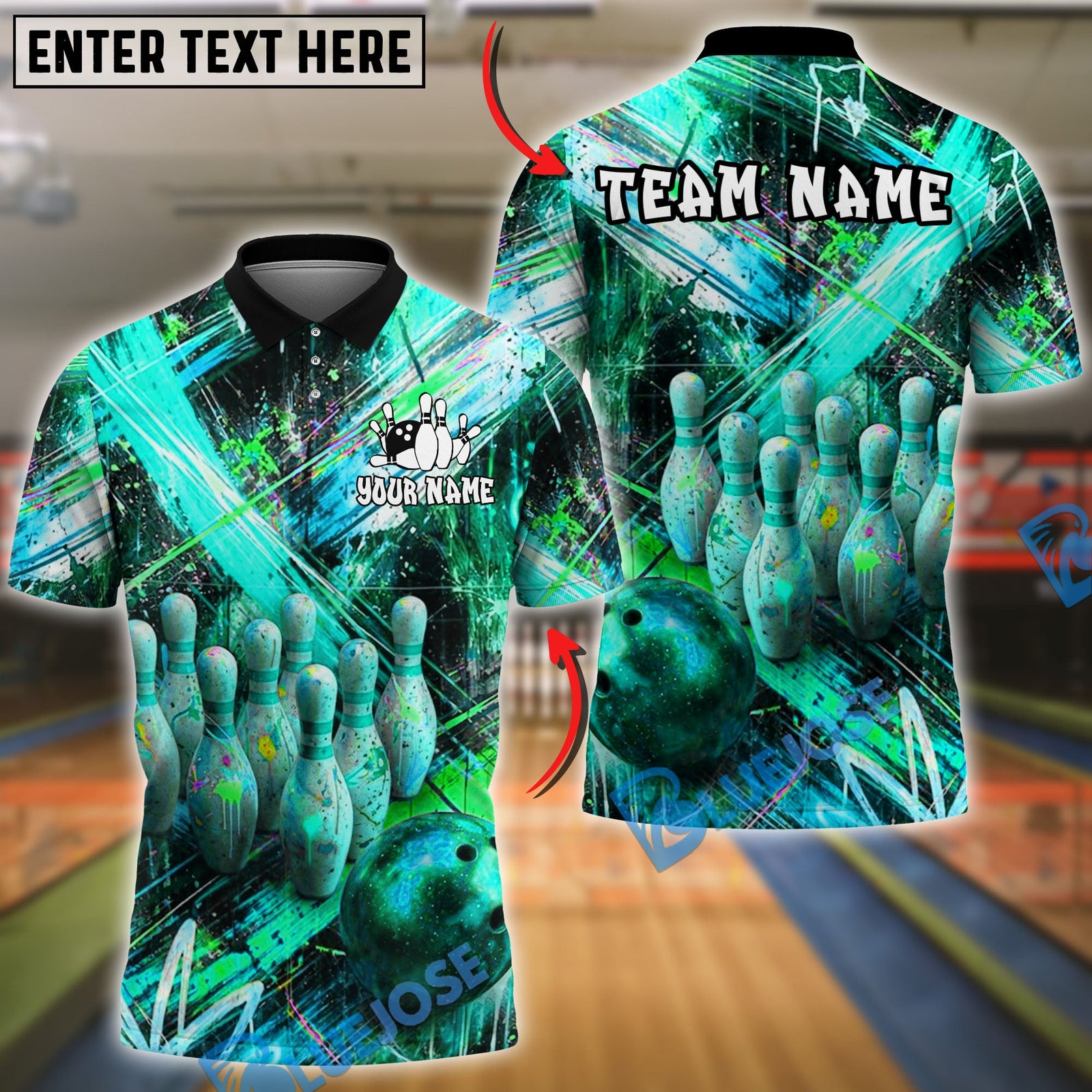 BlueJose Bowling And Pins Neon Paint Burst Customized Name, Team Name 3D Shirt (4 Colors)