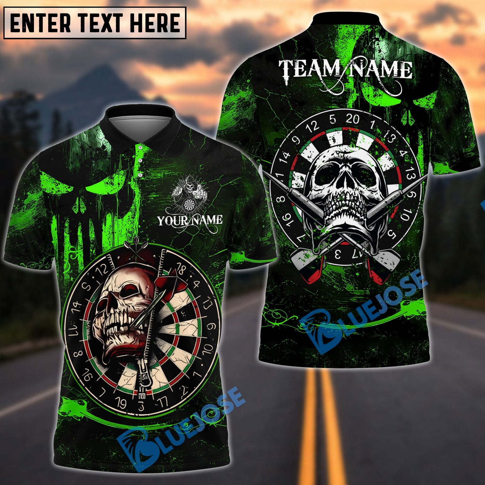 BlueJose Darts Skull Target Gothic Design Personalized Name, Team Name Unisex Shirt (4 Colors)