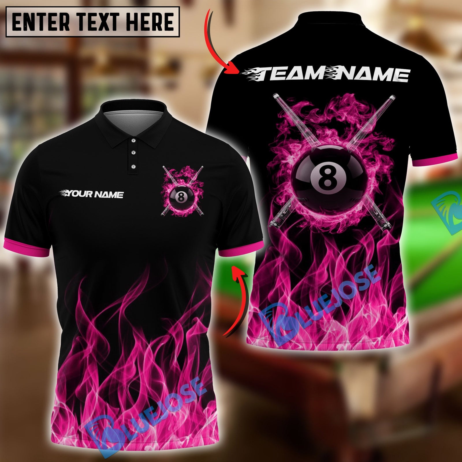 BlueJose Billiards Ball 8 Flaming Cross Cue Personalized Name Shirt (6 Colors)