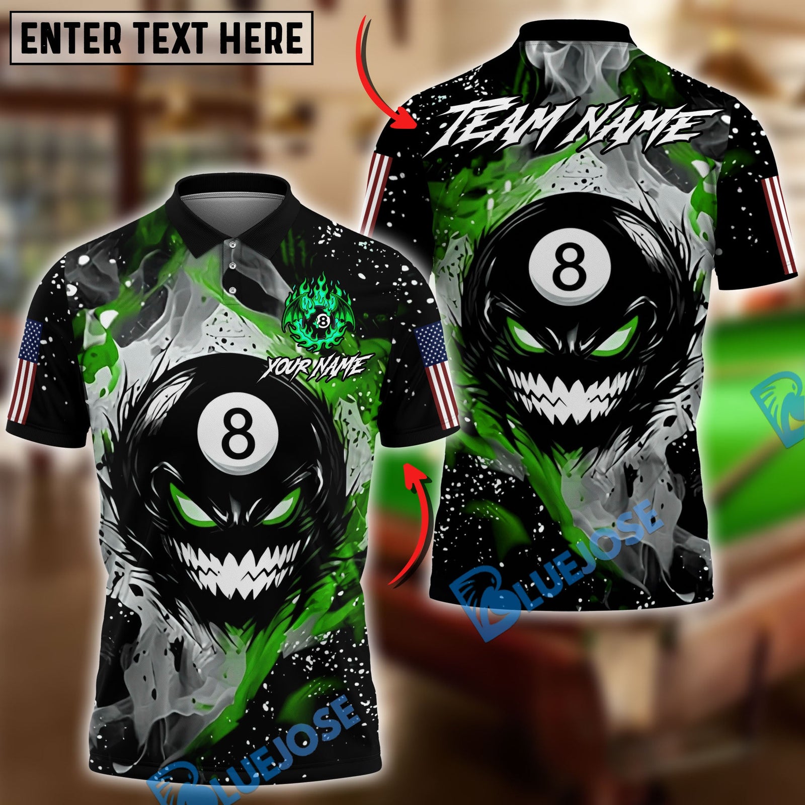 BlueJose Billiards Ball 8 Evil Fire Monster American Flag Personalized Name Shirt (4 Colors)