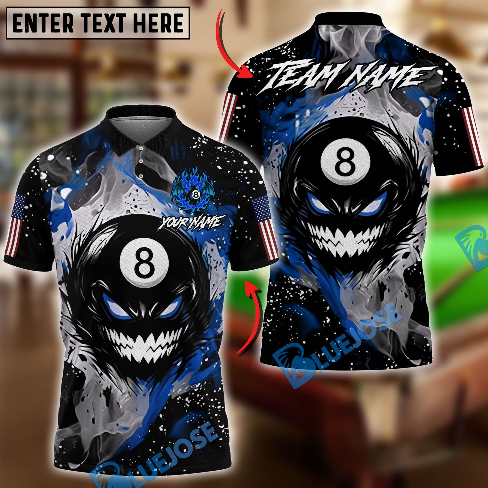 BlueJose Billiards Ball 8 Evil Fire Monster American Flag Personalized Name Shirt (4 Colors)