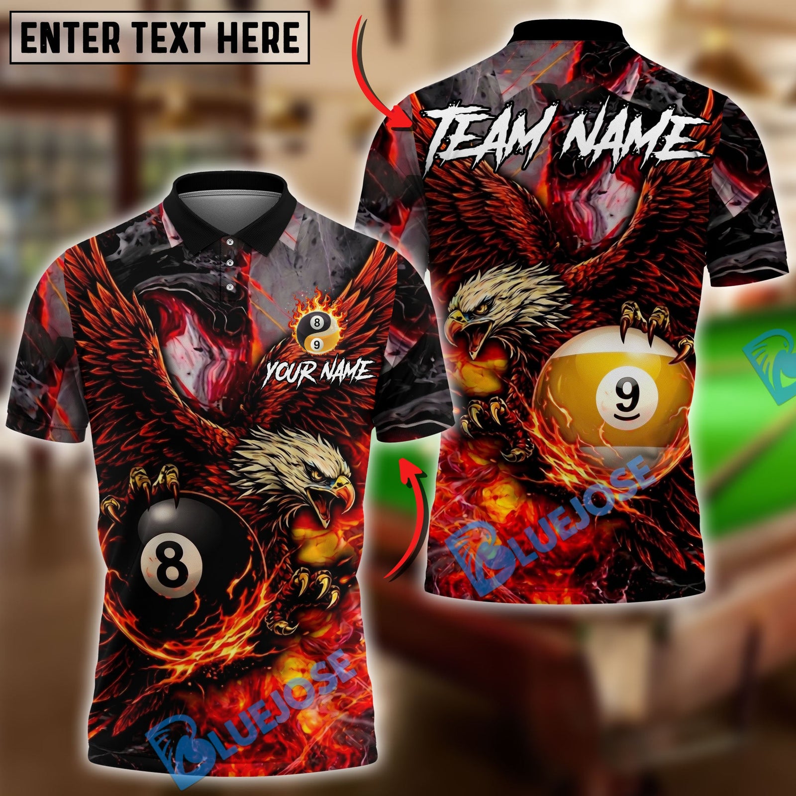 BlueJose Billiards Ball 8 Ball 9 Fire King Eagle Personalized Name Shirt (4 Colors)