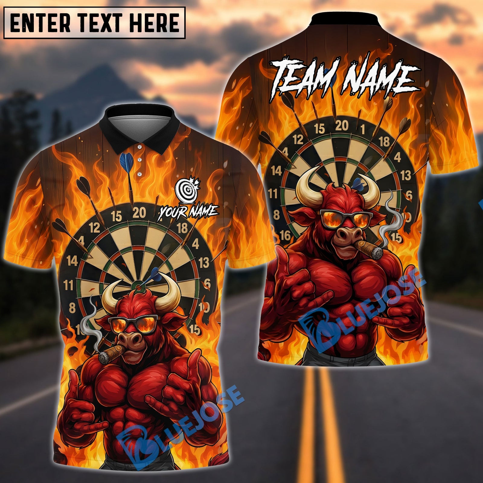 BlueJose Darts Cool Smoking Bull Flame Dartboard King Design Personalized Name, Team Name Unisex Shirt (4 Colors)