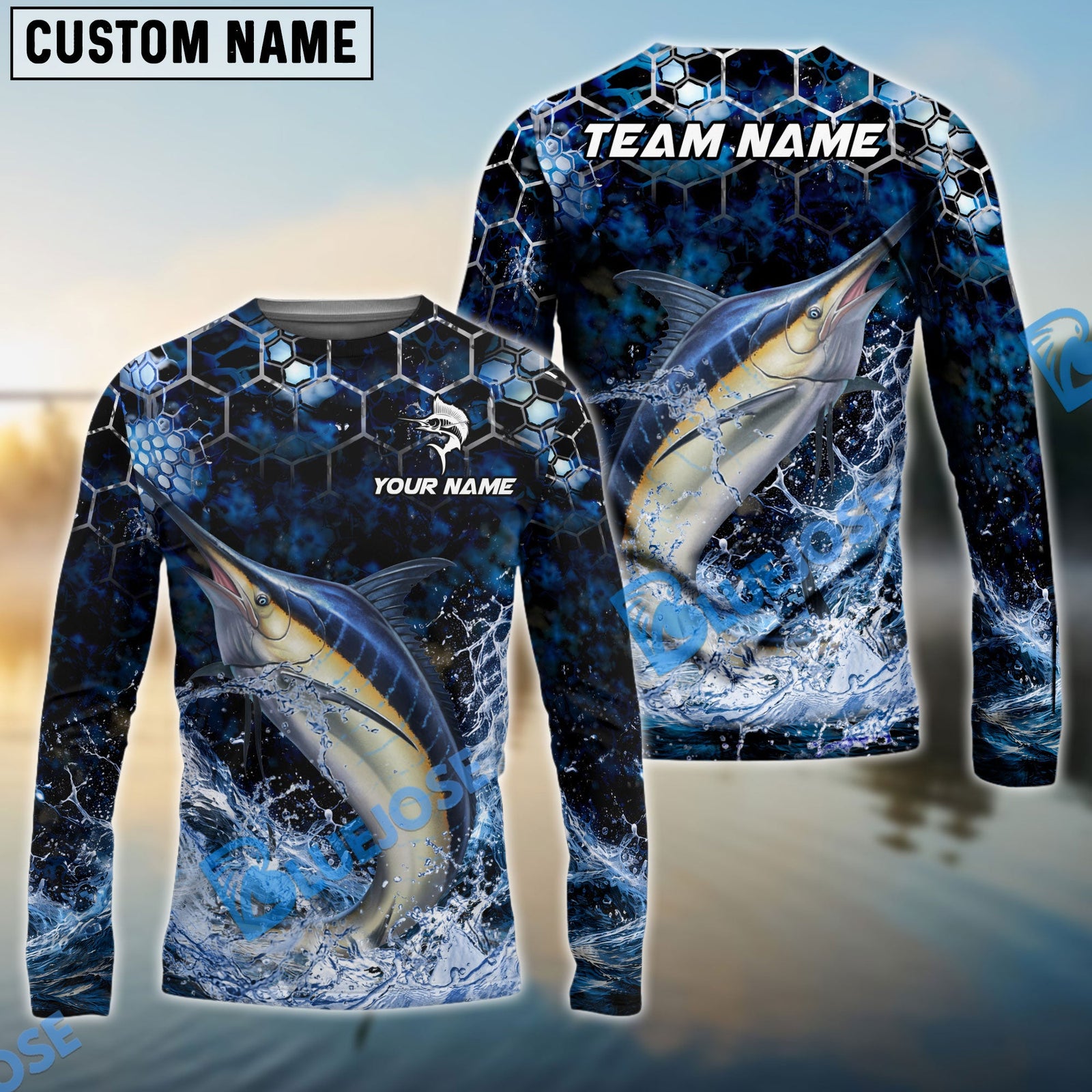 Bluejose Fishing Dark Navy Hexagon Water Splash Pattern Custom Name & Team Name 3D Shirts (12 Breeds)